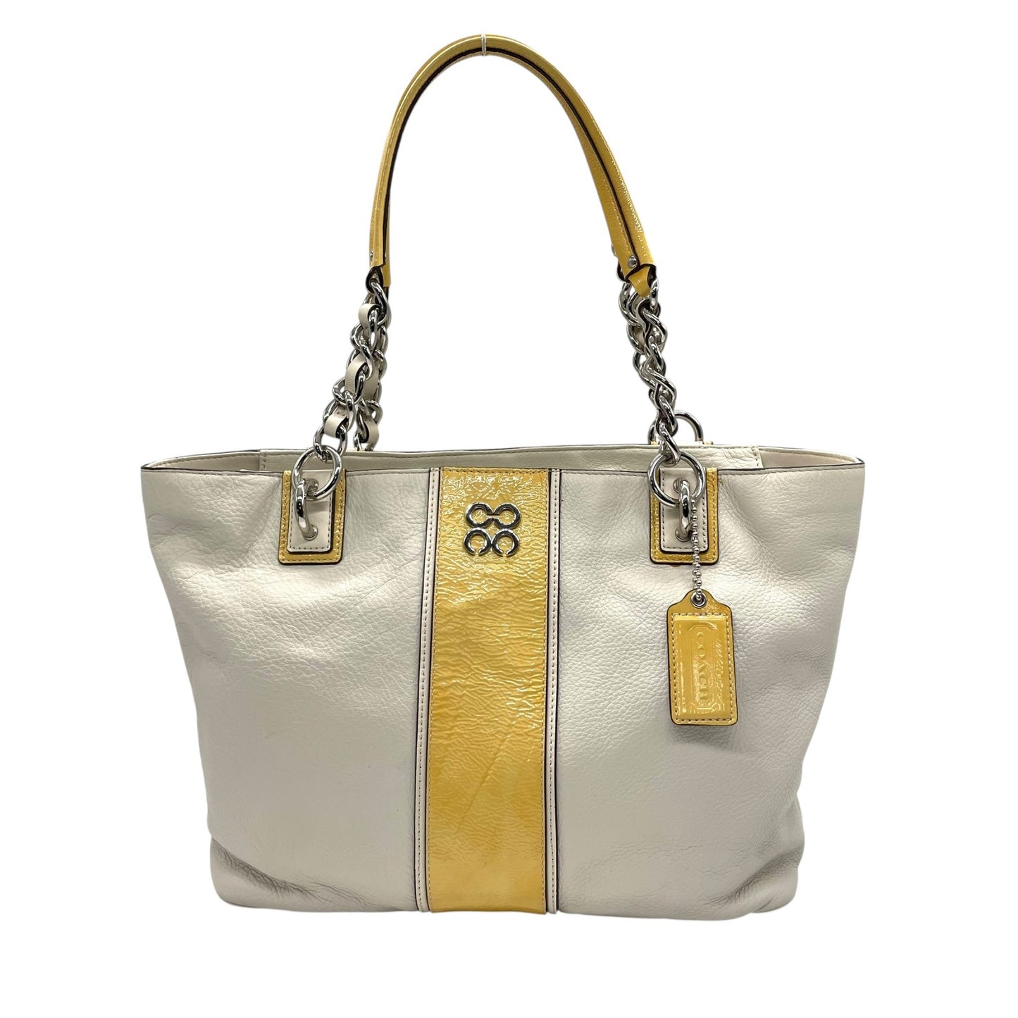 美品 コーチ COACH トートバッグ ホワイト 白 イエロー 黄色 レザー パテントレザー 肩掛け可 ロゴ チャーム付き シルバー金具 レディース S97