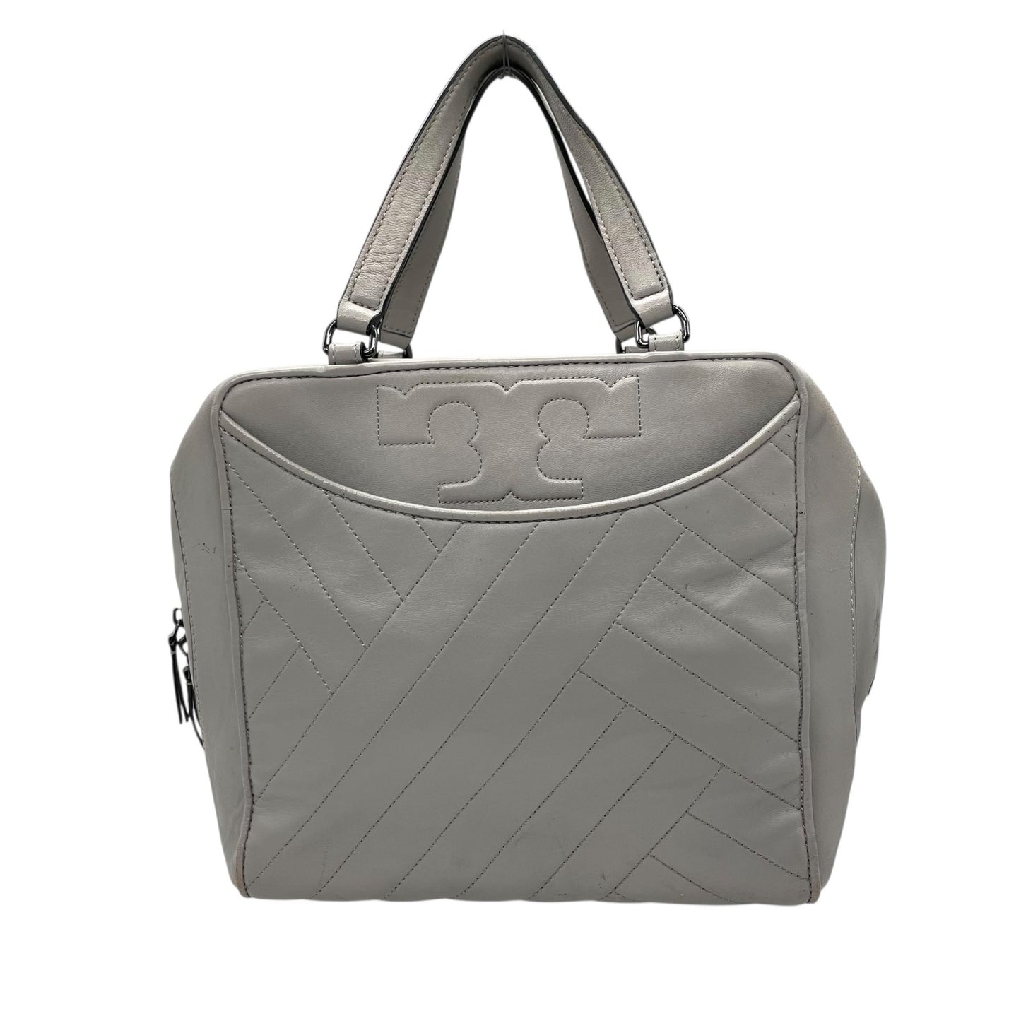 トリーバーチ TORY BURCH 2WAY ハンドバッグ ショルダーバッグ グレー レザー ブラック金具 スクエア型 ロゴ 斜め掛け可 ファスナー開閉 レディース U11