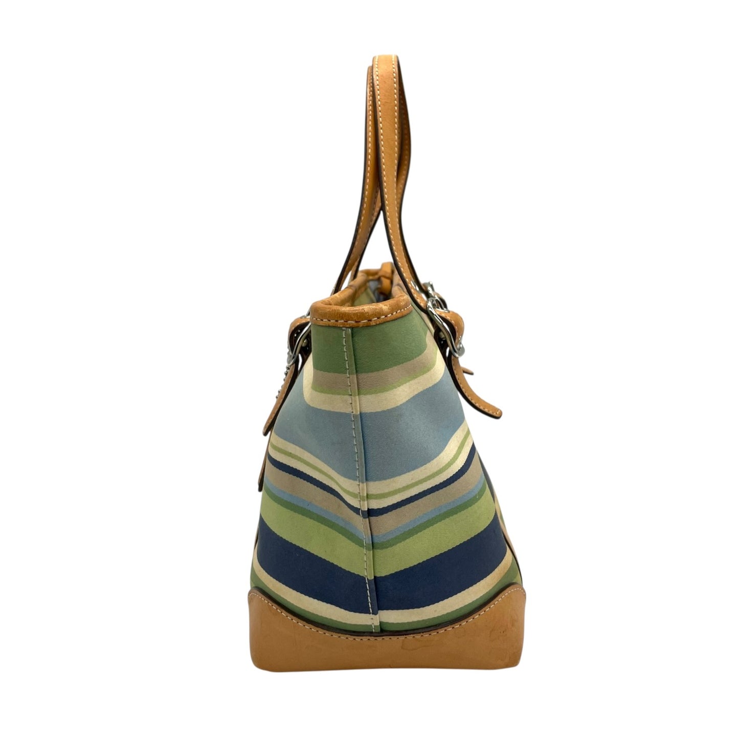 コーチ COACH ハンドバッグ ミニトート マルチストライプ ボーダー キャンバス レザー ロゴチャーム ファスナー開閉 ネイビー ブルー グリーン マルチカラー シルバー金具 手提げ レディース T1