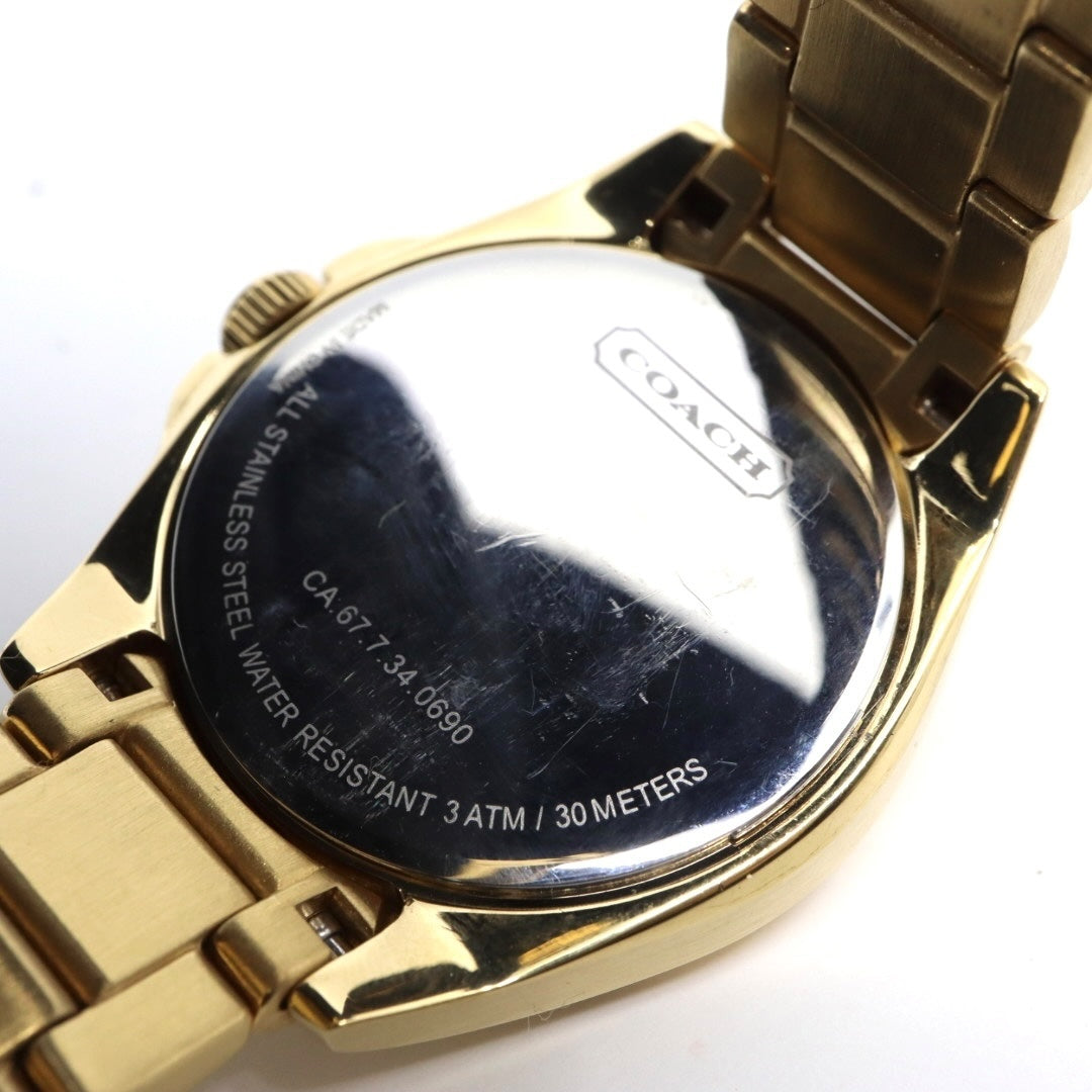 美品 電池交換済 クリーニング済 コーチ COACH 腕時計 CA-67.7.34.0690 レディースウォッチ クォーツ ゴールド ステンレススチール シルバー文字盤 シグネチャー柄 アナログ エレガント クラシック ドレスウォッチ 稼働品 G3