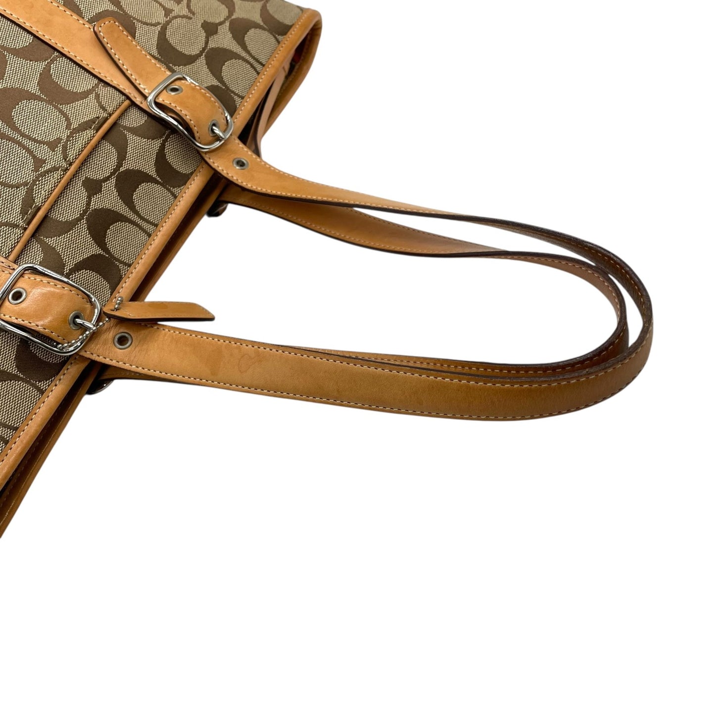 COACH コーチ シグネチャー キャンバス トートバッグ レザー 茶 ブラウン ベージュ シルバー金具 肩掛け可 ファスナー開閉 レディース S11