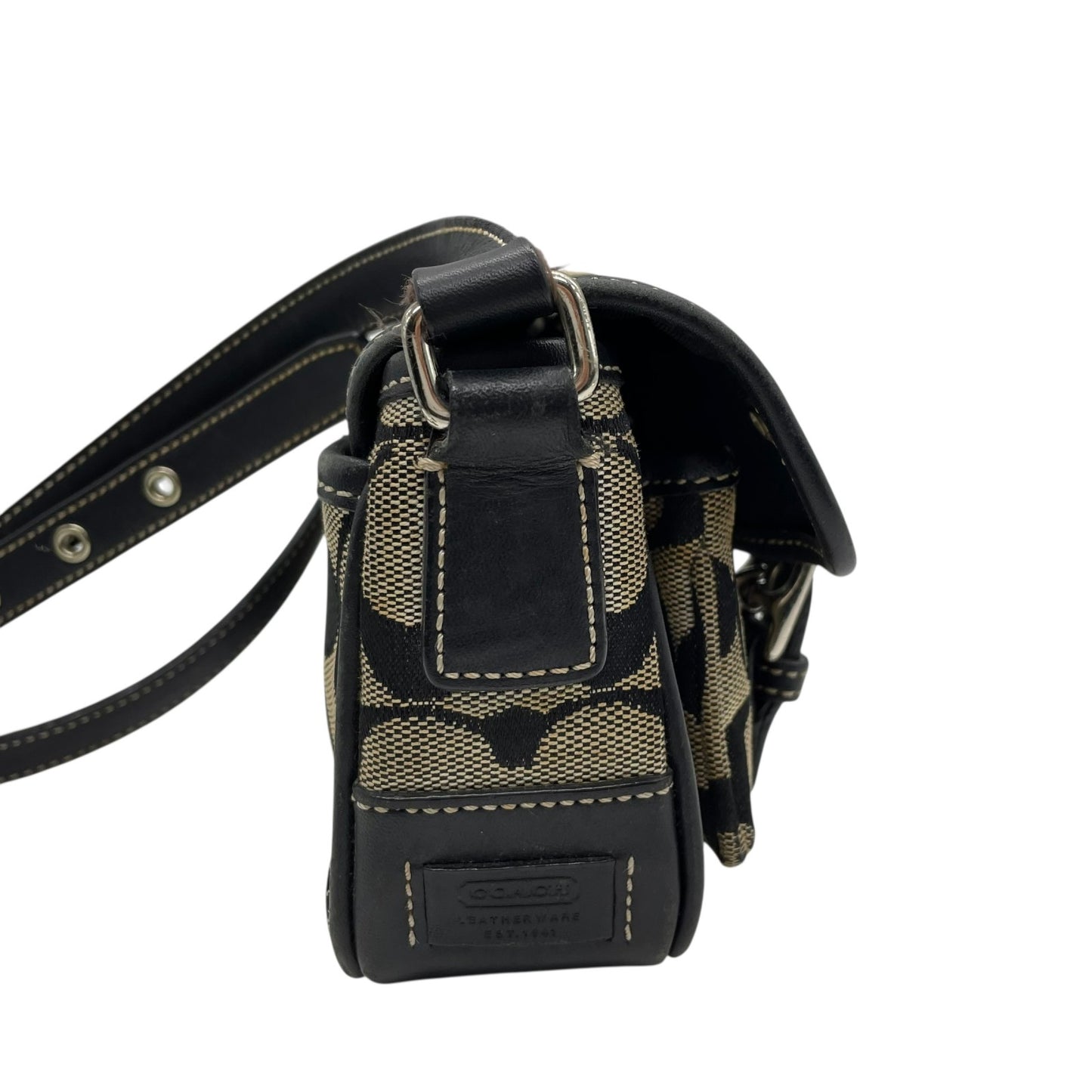 COACH コーチ ショルダーバッグ シグネチャー キャンバス レザー 黒 ブラック ベージュ シルバー金具 フラップ ベルト 横長 Y2K ミニバッグ 斜め掛け可 レディース S6