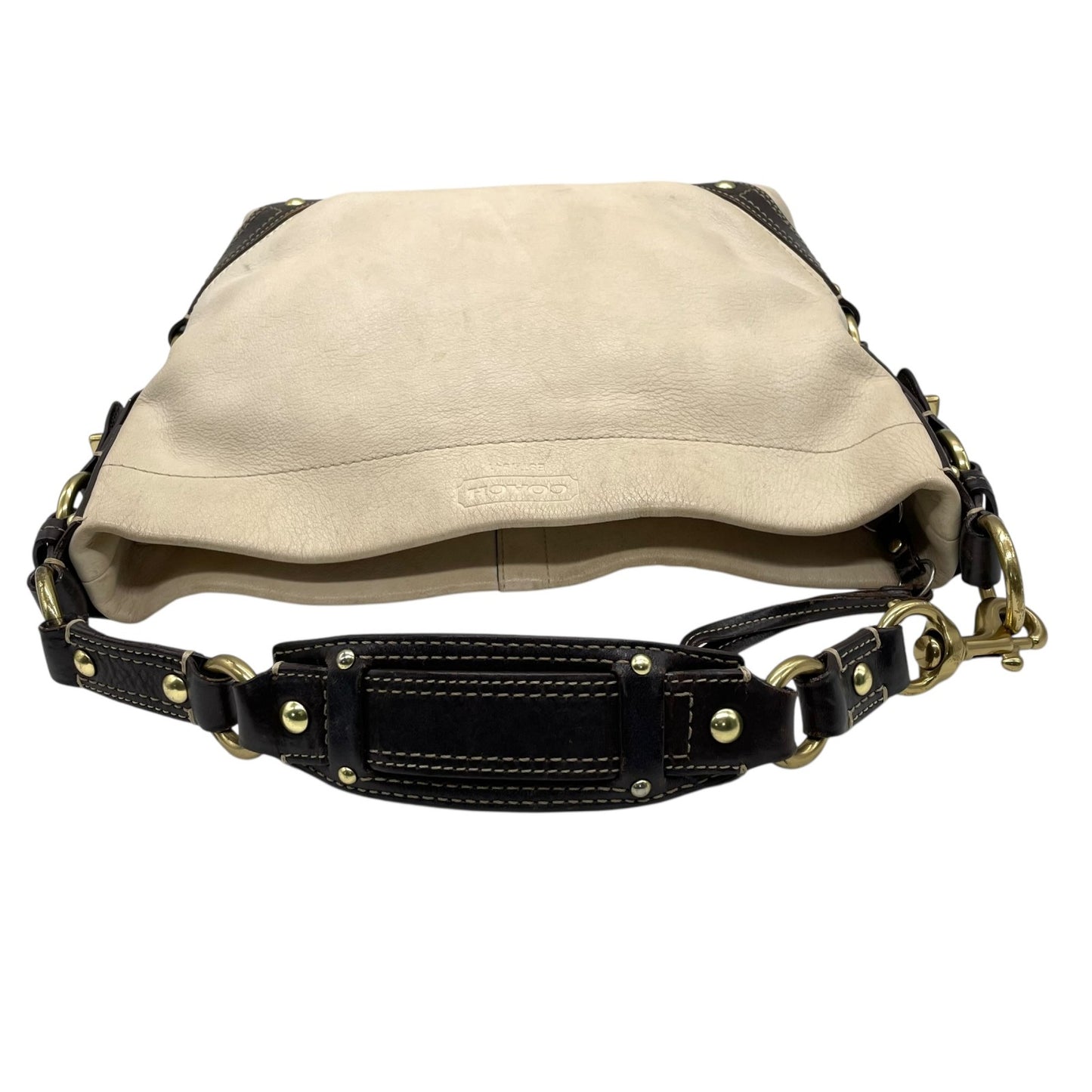 COACH コーチ カーリー ショルダーバッグ ワンショルダー セミショルダー ハンドバッグ レザー アイボリー ブラウン 茶 ゴールド金具 10615 ターンロック ベルト 肩掛け可 レディース T4