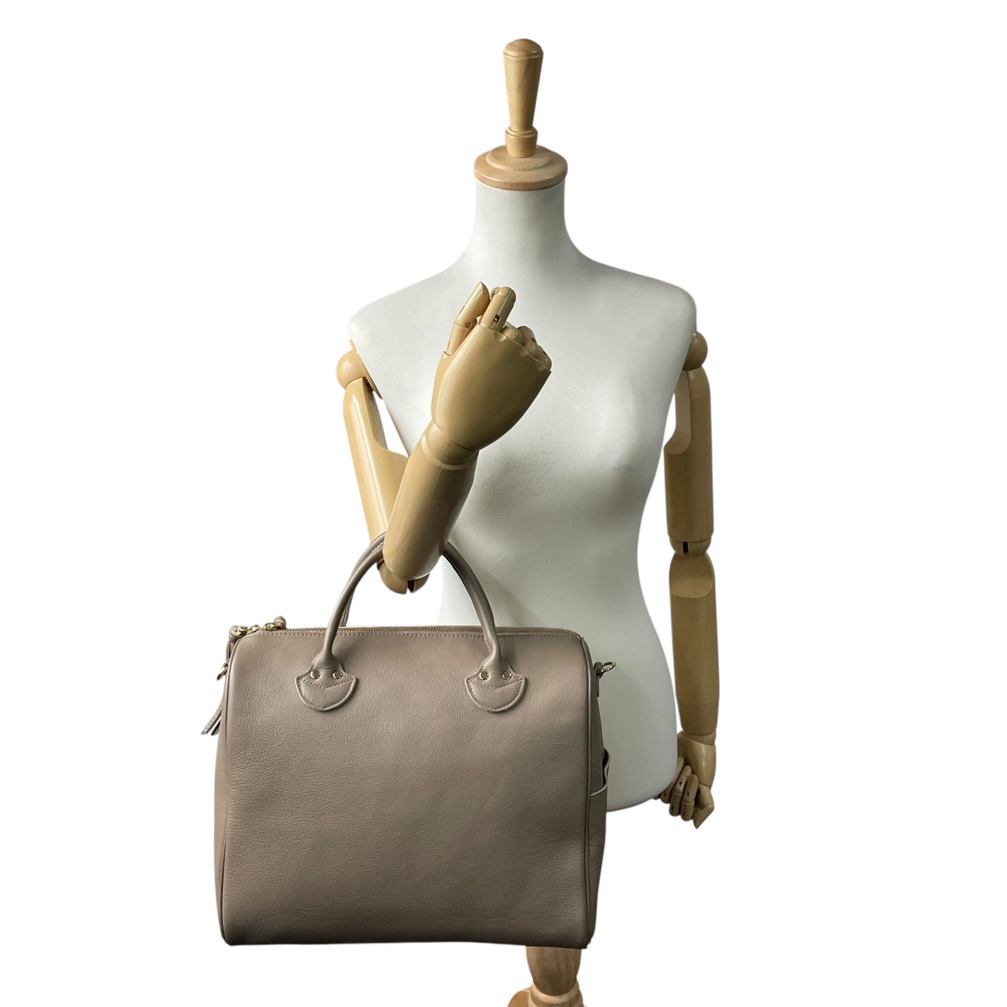 未使用級 ペルケ 2WAY ハンドバッグ ボストンバッグ ショルダーバッグ 牛革 オイルレザー オーク グレージュ テープショルダー ゴールド金具 手提げ 斜め掛け可 perche レディース Q