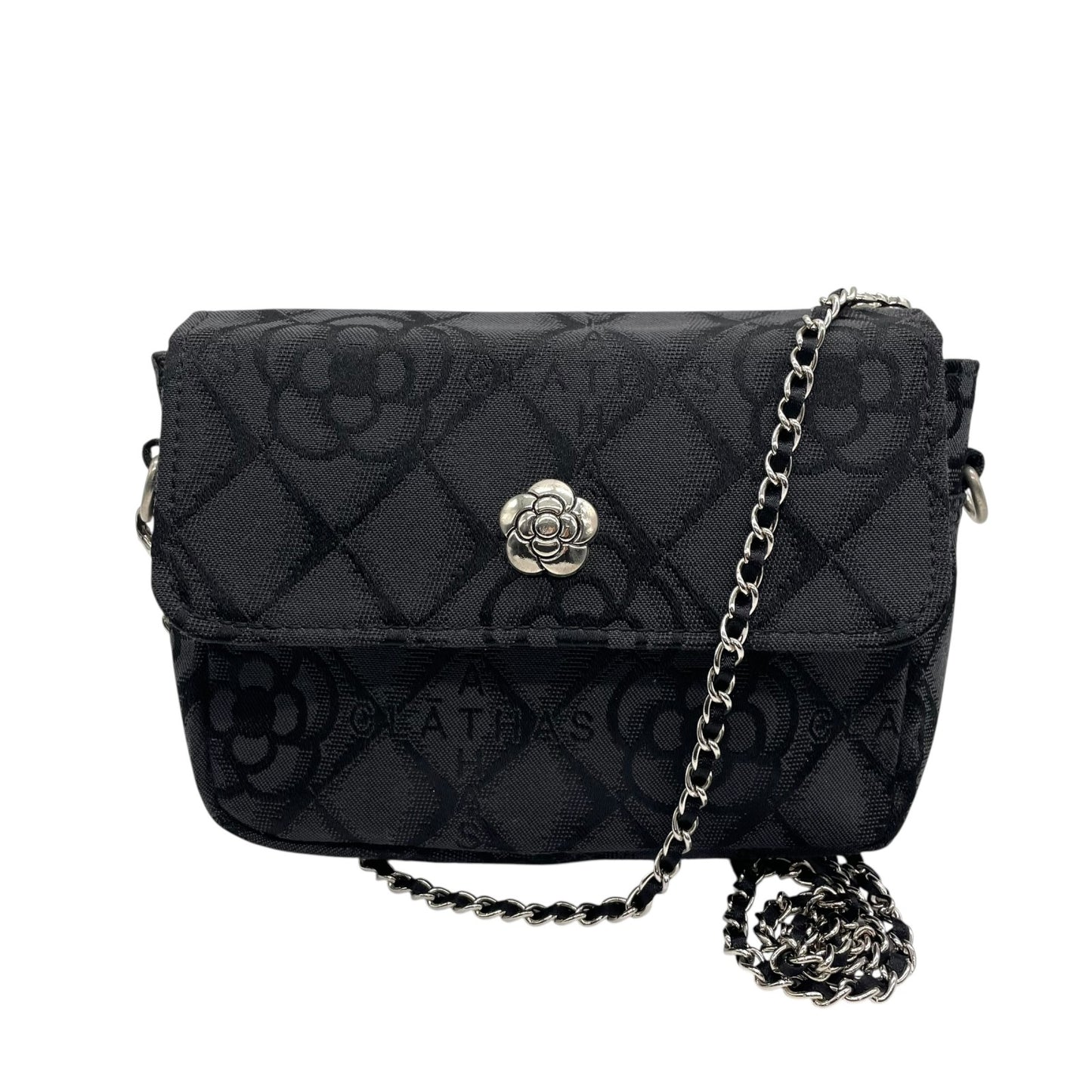 未使用級 クレイサス CLATHAS ショルダーバッグ ミニバッグ 黒 ブラック キャンバス シルバー金具 チェーンショルダー カメリア柄 ロゴ 斜め掛け可 レディース E6