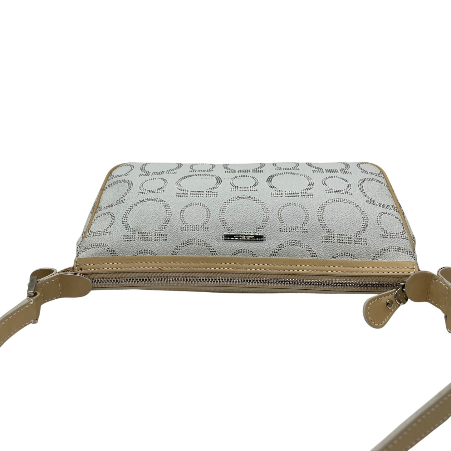 フェラガモ Salvatore Ferragamo ハンドバッグ アクセサリーポーチ ミニバッグ ガンチーニ AU-21 7497 グレー ベージュ レザー シルバー金具 ロゴ ワンショルダー 肩掛け可 レディース C5