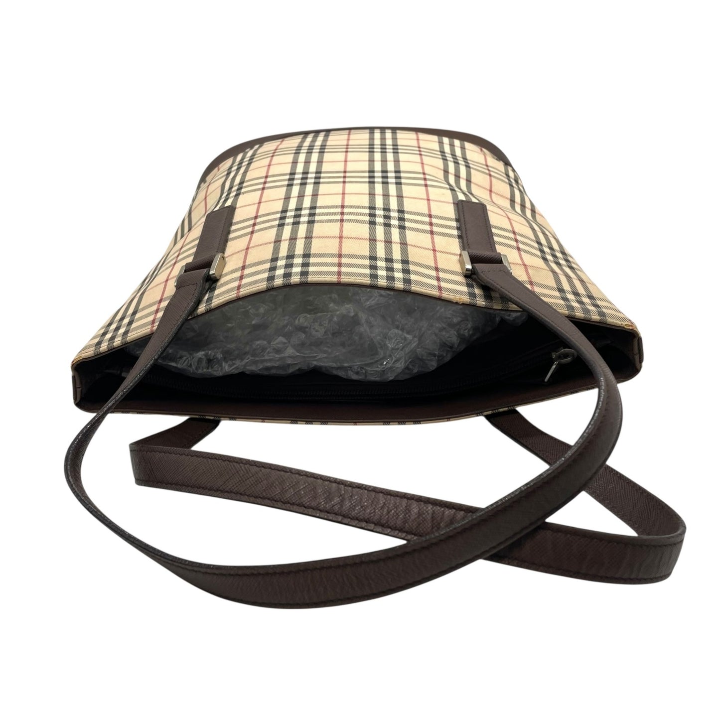 バーバリー BURBERRY トートバッグ ノバチェック キャンバス レザー ベージュ ブラウン 茶 シルバー金具 バケツ型 ロゴ型押し レディース A8