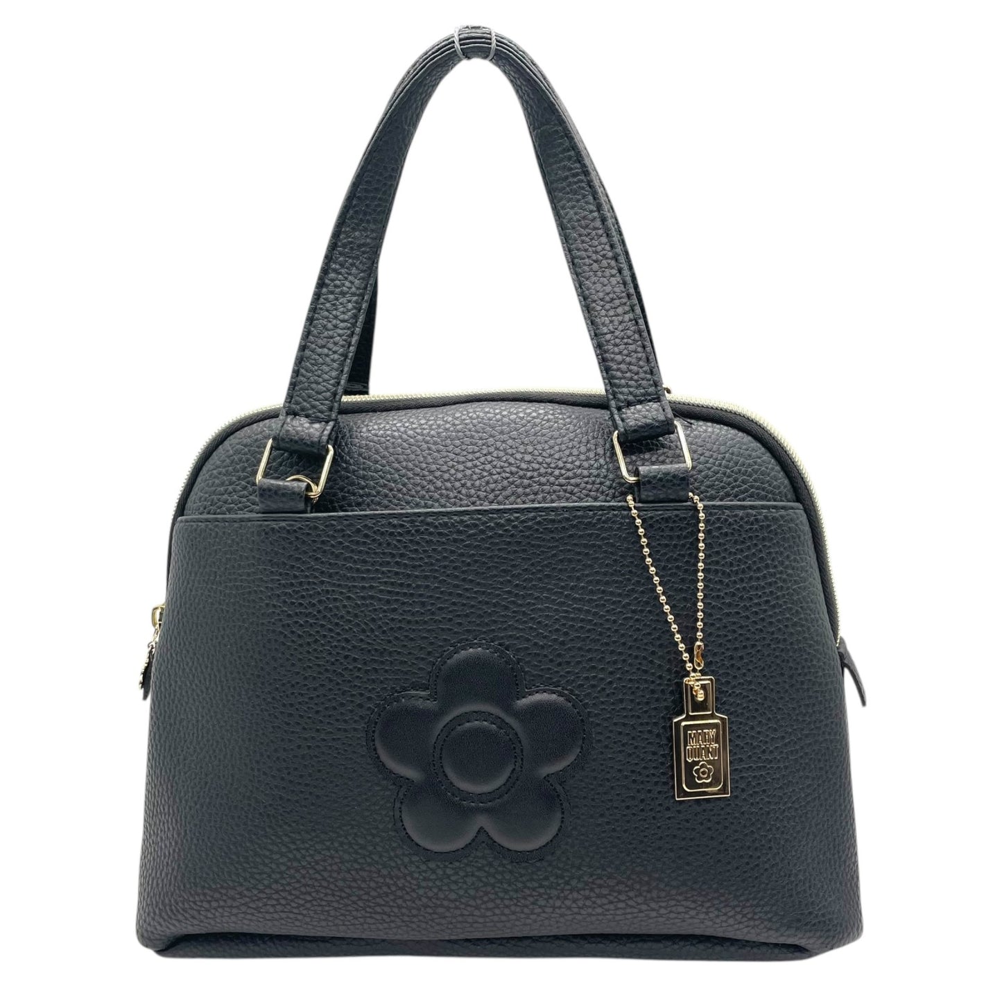 マリークヮント MARY QUANT 2WAY ハンドバッグ ショルダーバッグ 黒 ブラック レザー調 フラワー 花 モチーフ 金金具 ゴールド金具 チャーム付き T8