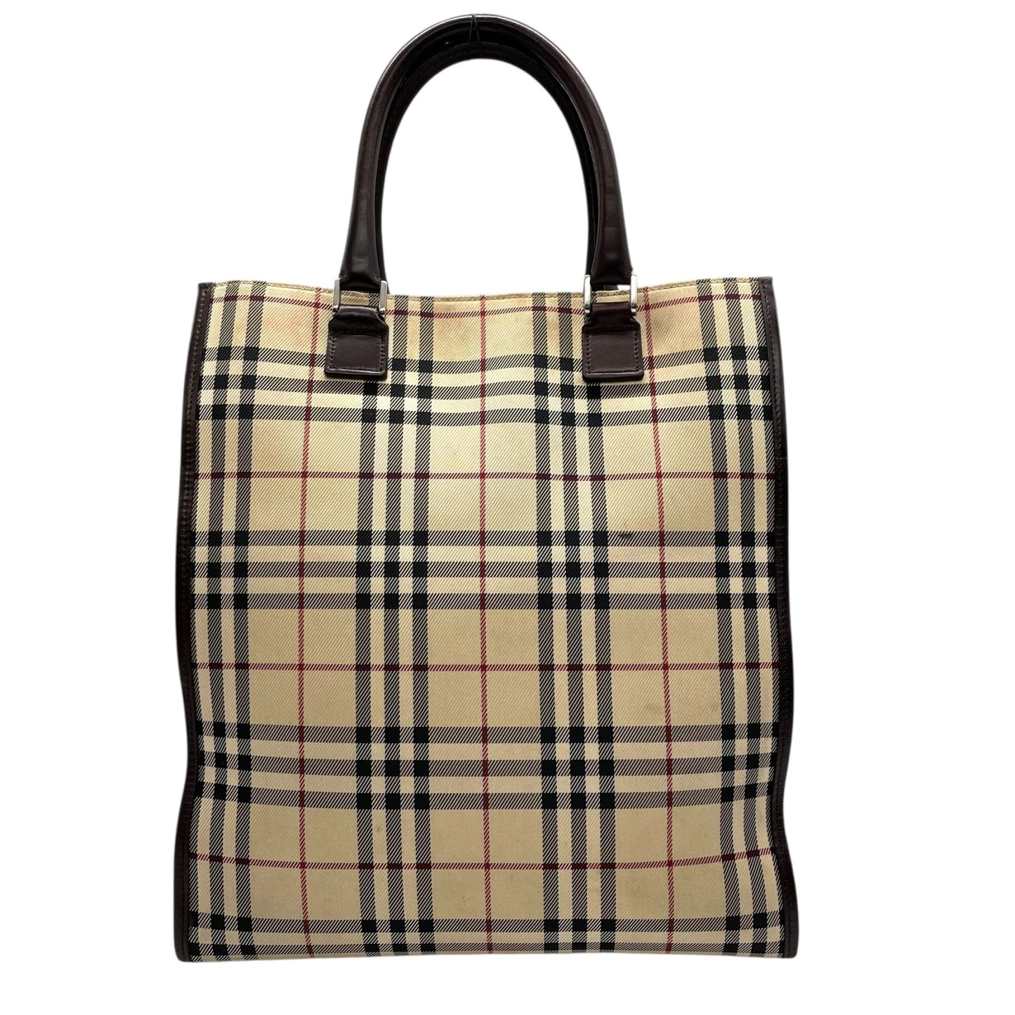 バーバリー BURBERRY ノバチェック ハンドバッグ トートバッグ スクエアトート ベージュ ブラウン 茶 チェック柄 キャンバス レザー シルバー金具 ロゴ レディース メンズ K7
