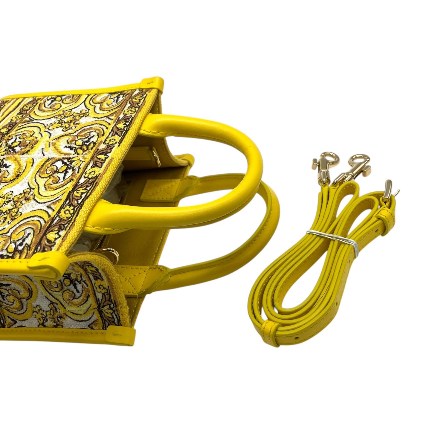 ドルチェ＆ガッバーナ DOLCE&GABBANA ドルガバ マヨリカ DG DAYLY ミニショッピングバッグ 2WAY ハンドバッグ ショルダーバッグ イエロー キャンバス×レザー ゴールド金具 刺繍ロゴ 斜め掛け可 レディース B