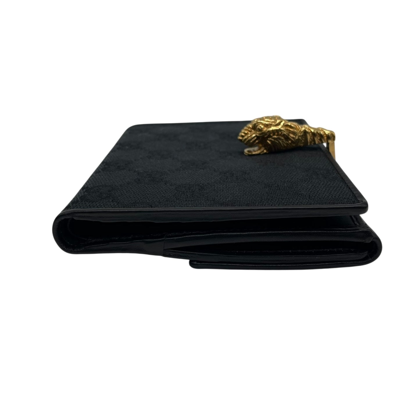 【美品】GUCCI グッチ GGキャンバス タイガーヘッド 二つ折り財布 コンパクトウォレット GG柄 虎 キャンバス レザー ブラック ゴールド金具 ヴィンテージ レディース M2