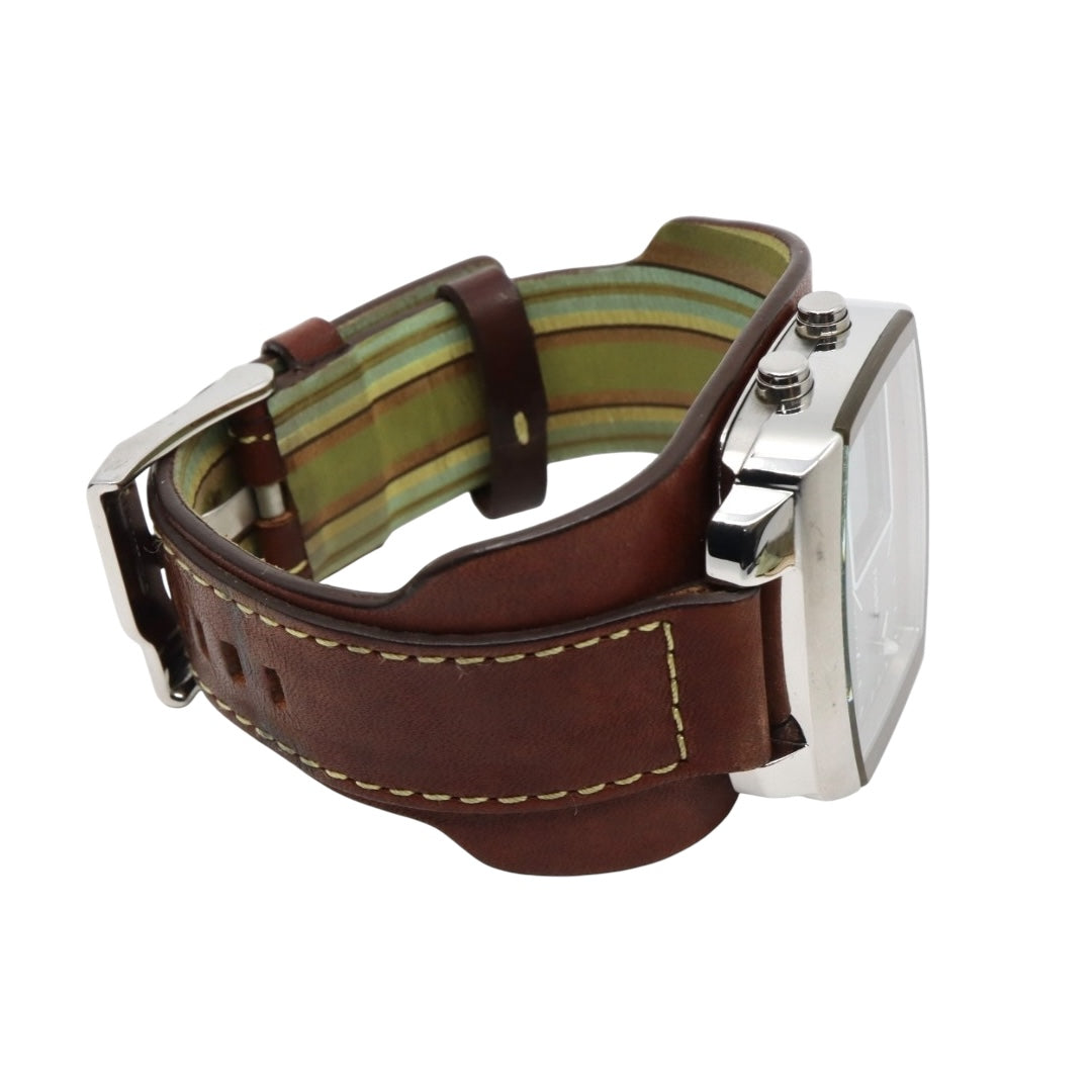 【美品/稼働品】フォッシル 腕時計 JR-9633 アナデジ ウッド調文字盤 カフレザー ワイドベルト ブラウン シルバー メンズ クオーツ ヴィンテージ レトロ 個性的 デザインウォッチ ストリート カジュアル G9