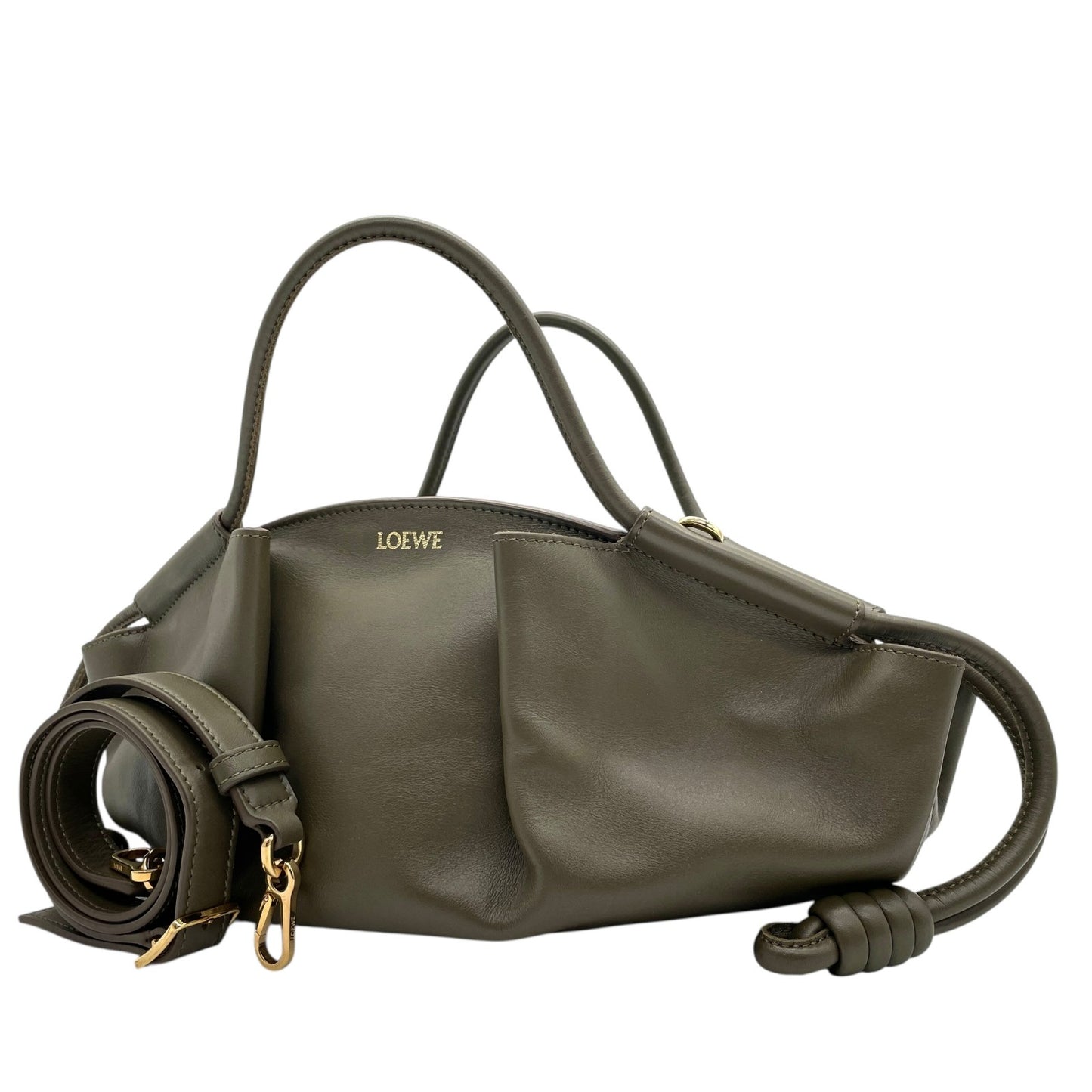 極 美品 未使用級 LOEWE ロエベ Paseo スモール レザー 2WAY ショルダーバッグ ハンドバッグ カーキ グリーンベージュ 上品 軽量