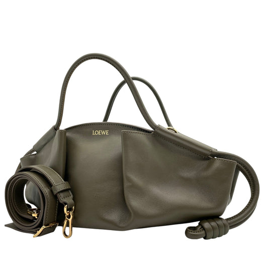 極 美品 未使用級 LOEWE ロエベ Paseo スモール レザー 2WAY ショルダーバッグ ハンドバッグ カーキ グリーンベージュ 上品 軽量