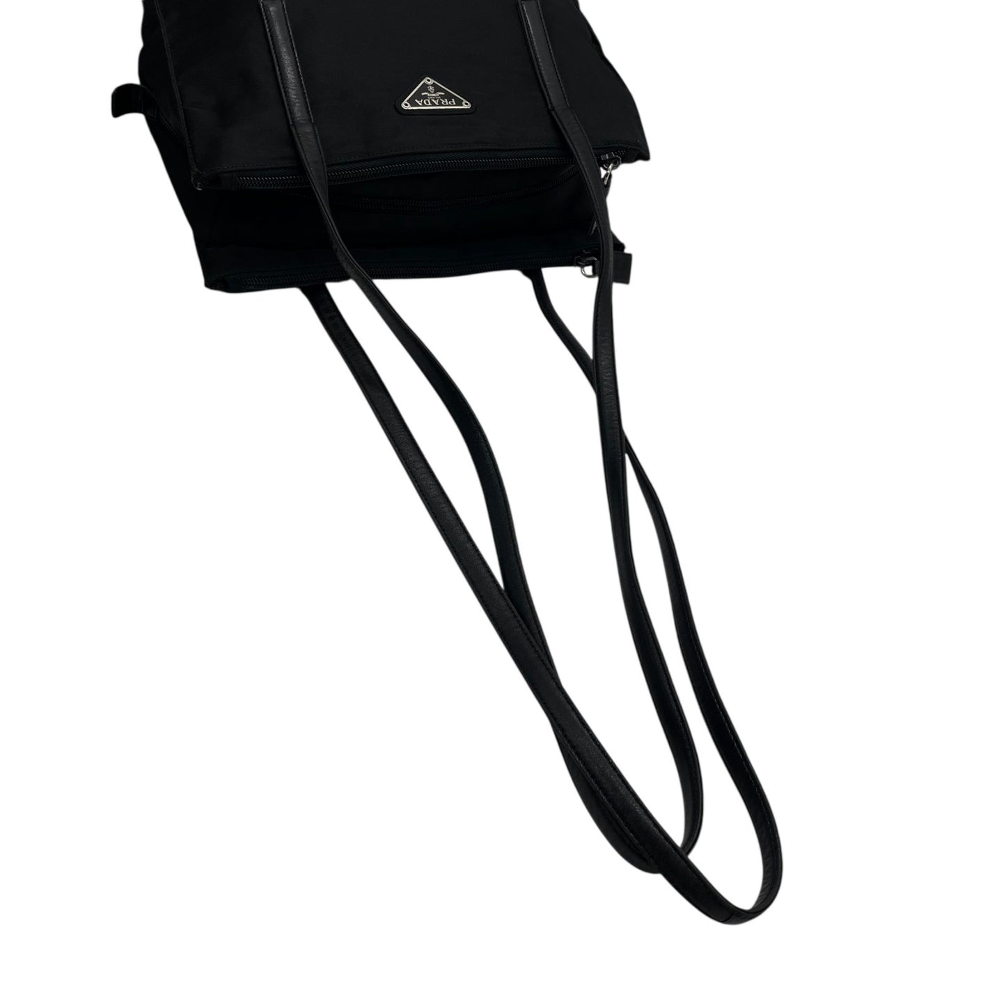 Authentic PRADA Tote Bag Black Nylon Shoulder Bag Triangle Logo Silver Hardware A4 Storage Zipper Women's Tessuto