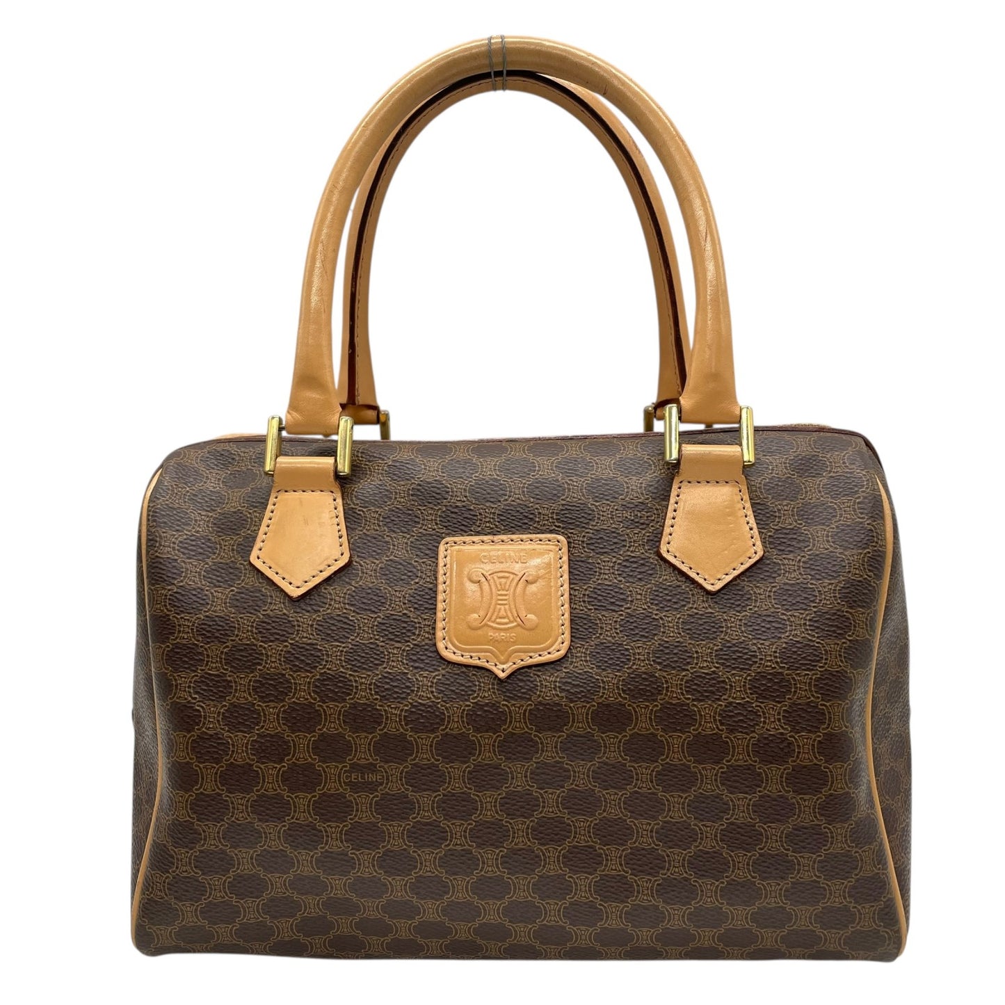 Authentic CELINE Trionf Monogram 2WAY Handbag Mini Boston Bag Shoulder Bag Leather Brown Gold Hardware Zipper Crossbody Women's