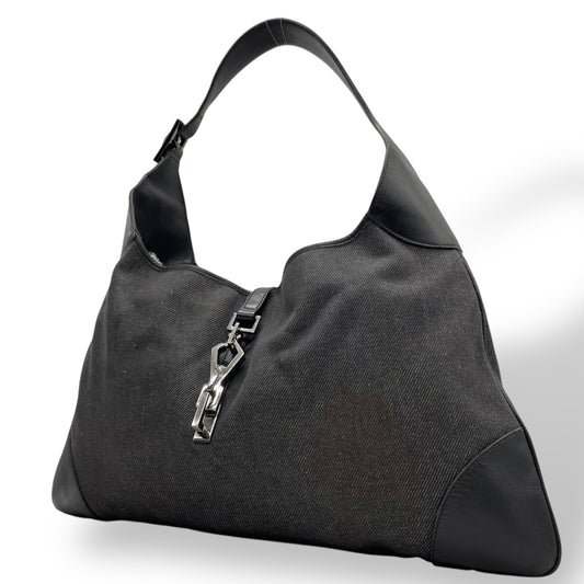 Authentic GUCCI Jackie Shoulder Bag 28629 Black Canvas Leather Logo Gold Hardware Women's