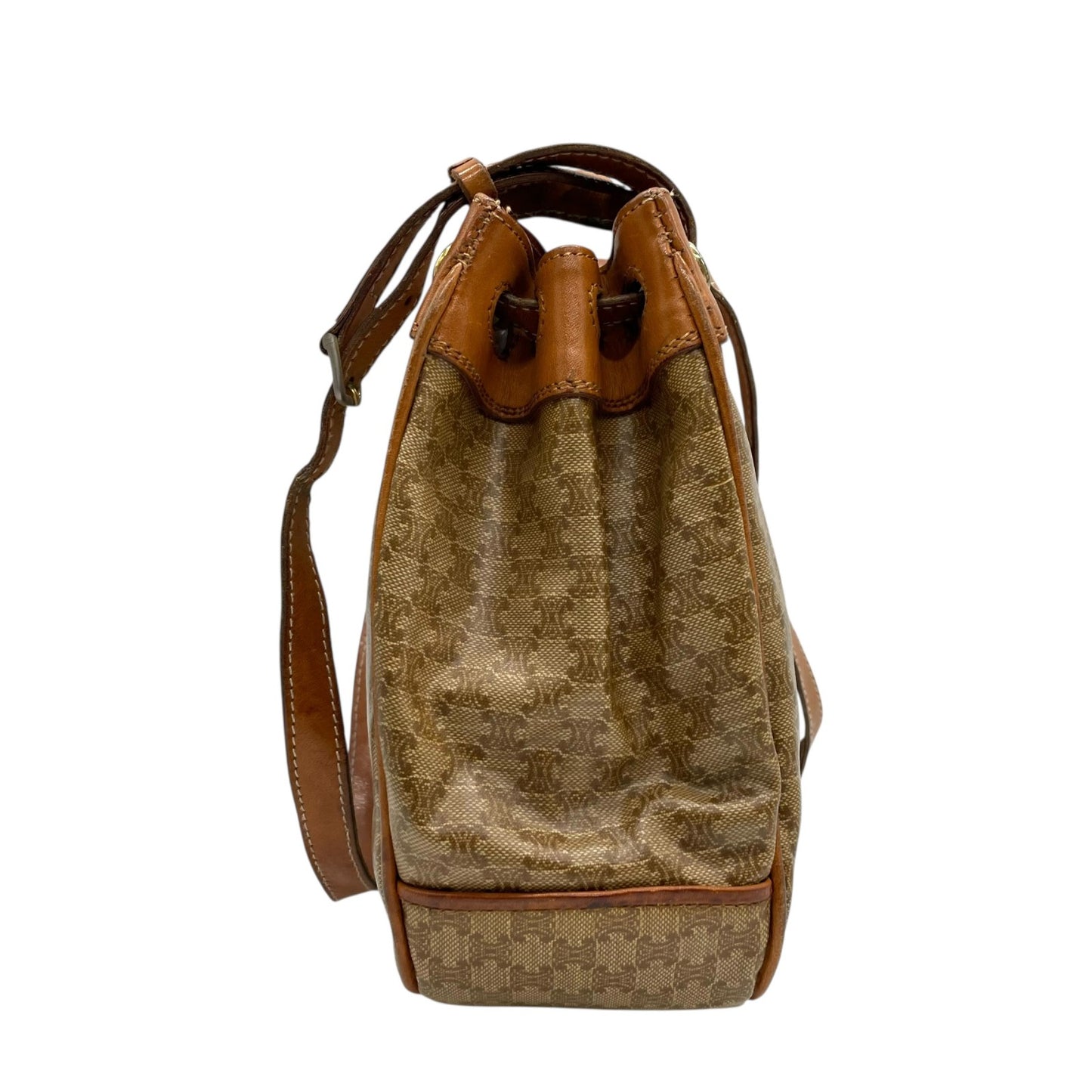 Authentic CELINE Macadam Trionf Shoulder Bag Beige Brown PVC Leather Gold Hardware Women's Flap