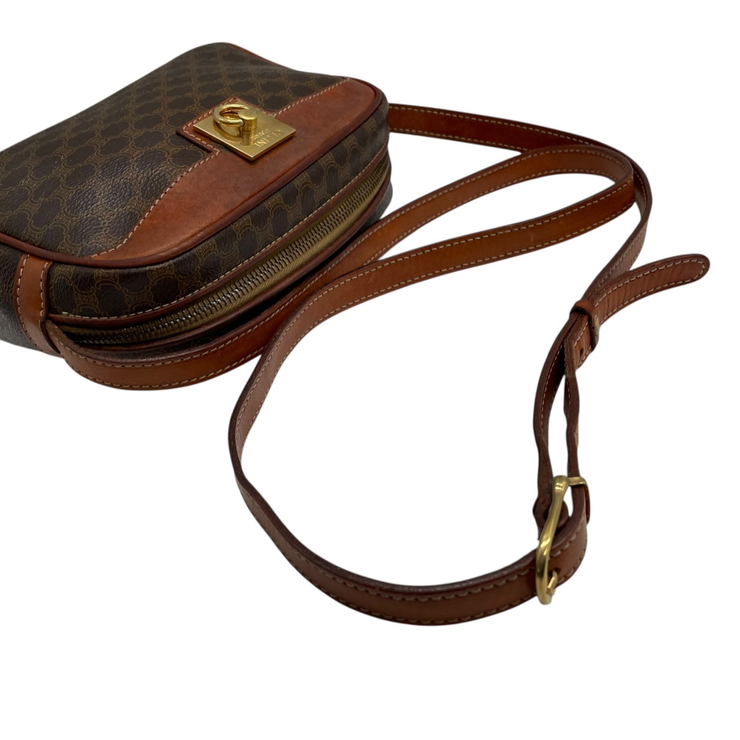 Authentic CELINE Vintage Macadam Shoulder Bag Trionf Camera Bag Brown PVC Leather Gold Hardware Women's Adjustable Strap Crossbody