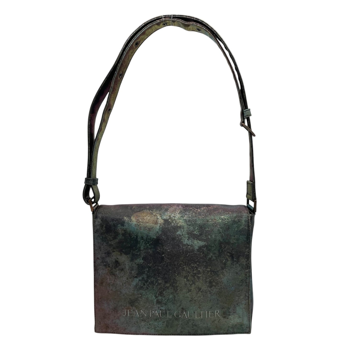 Authentic Jean Paul Gaultier V-Cyber Shoulder Bag Iridescent Green PVC Leather Bronze Hardware Unisex
