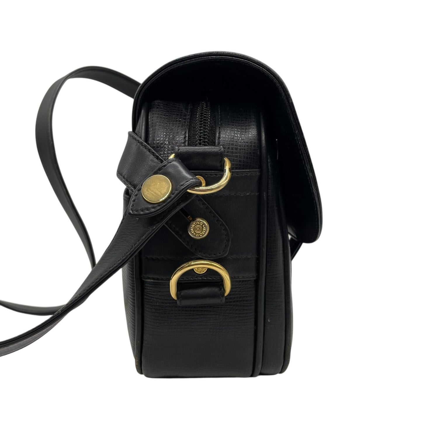 Authentic HUNTING WORLD Carryall Messenger Bag Shoulder Bag Black Leather Gold Hardware Women's Crossbody