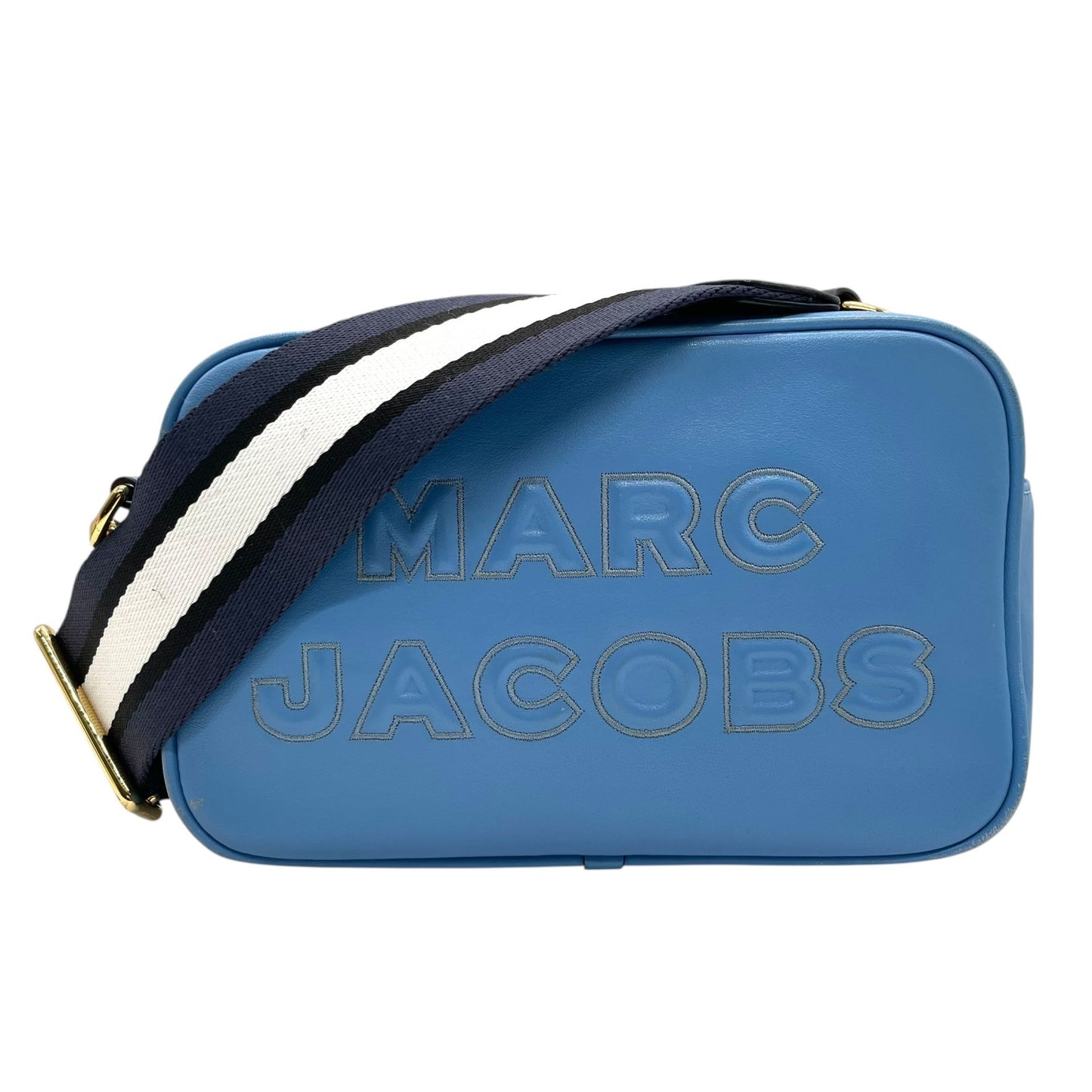 Authentic MARC JACOBS Flash Leather Crossbody Camera Bag Blue Leather Gold Hardware Women's Logo