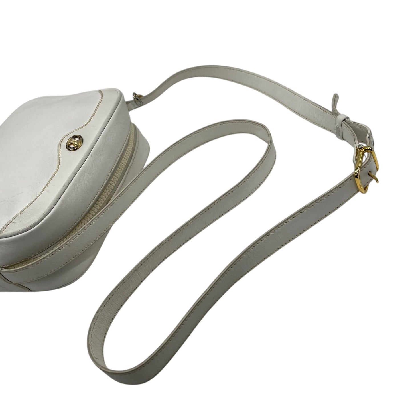 Authentic CELINE White Leather Shoulder Bag Trionf Camera Bag Gold Hardware Vintage Women's