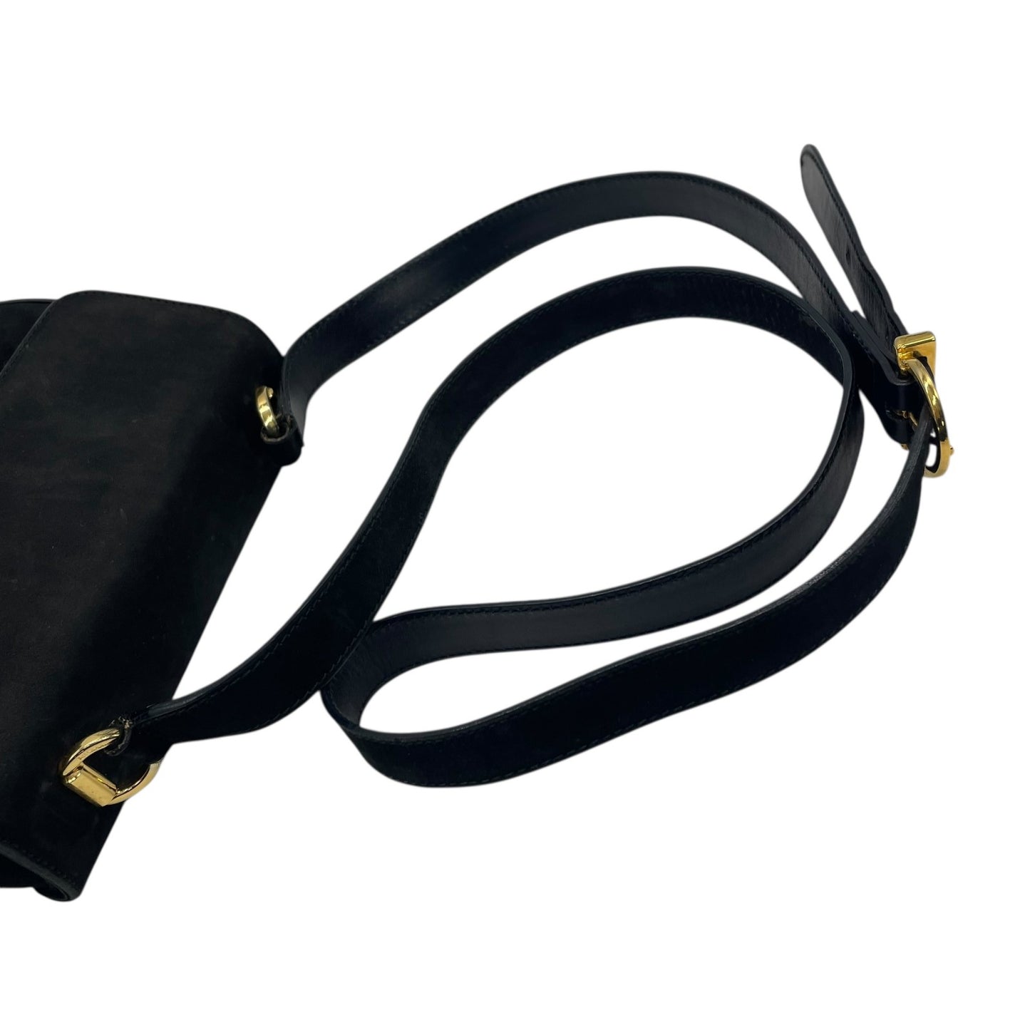 美品 Salvatore Ferragamo フェラガモ ガンチーニ ショルダーバッグ 黒 ブラック AB-21 スエード ゴールド金具 斜め掛け可 ポシェット ミニバッグ レディース フラップ開閉 ヴィンテージ D5