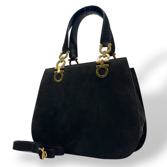 美品 Salvatore Ferragamo フェラガモ ガンチーニ 2WAY ハンドバッグ ショルダーバッグ 黒 ブラック AQ21 ゴールド金具 スエード レディース ヴィンテージ品 E