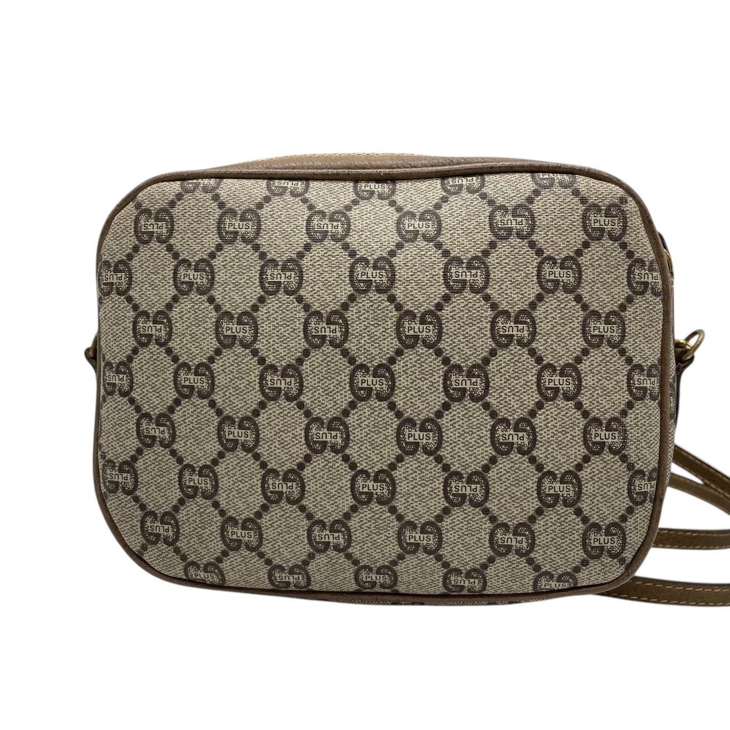 美品 GUCCI オールドグッチ GGプラス ショルダーバッグ PVC レザー グレー ブラウン ゴールド金具 ロゴ 斜め掛け可 カメラバッグ GGスプリーム ヴィンテージ レディース C3