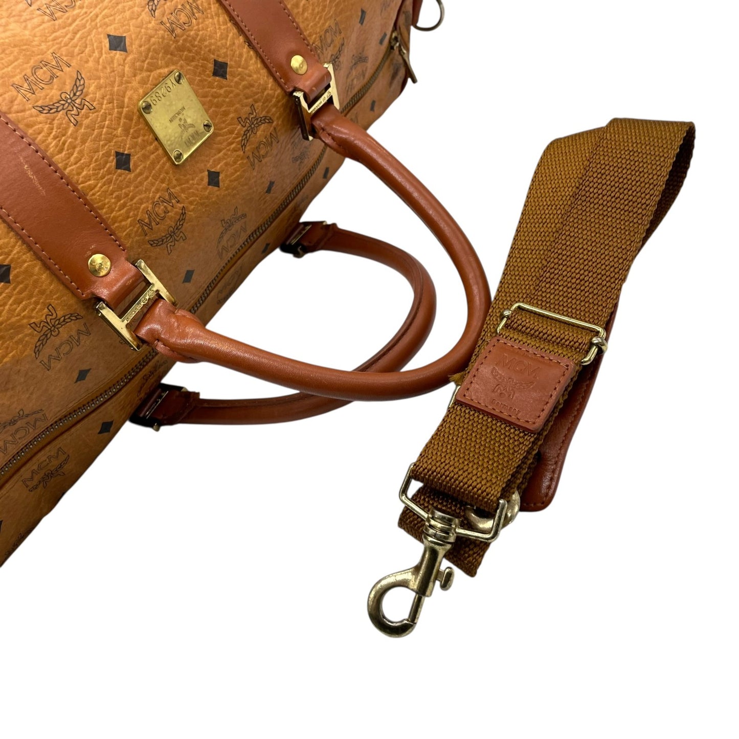 美品 MCM エムシーエム ヴィセトス ボストンバッグ 2WAY ショルダーバッグ 茶 ブラウン コニャック レザー ゴールド金具 手提げ 斜め掛け可 ロゴ レディース X