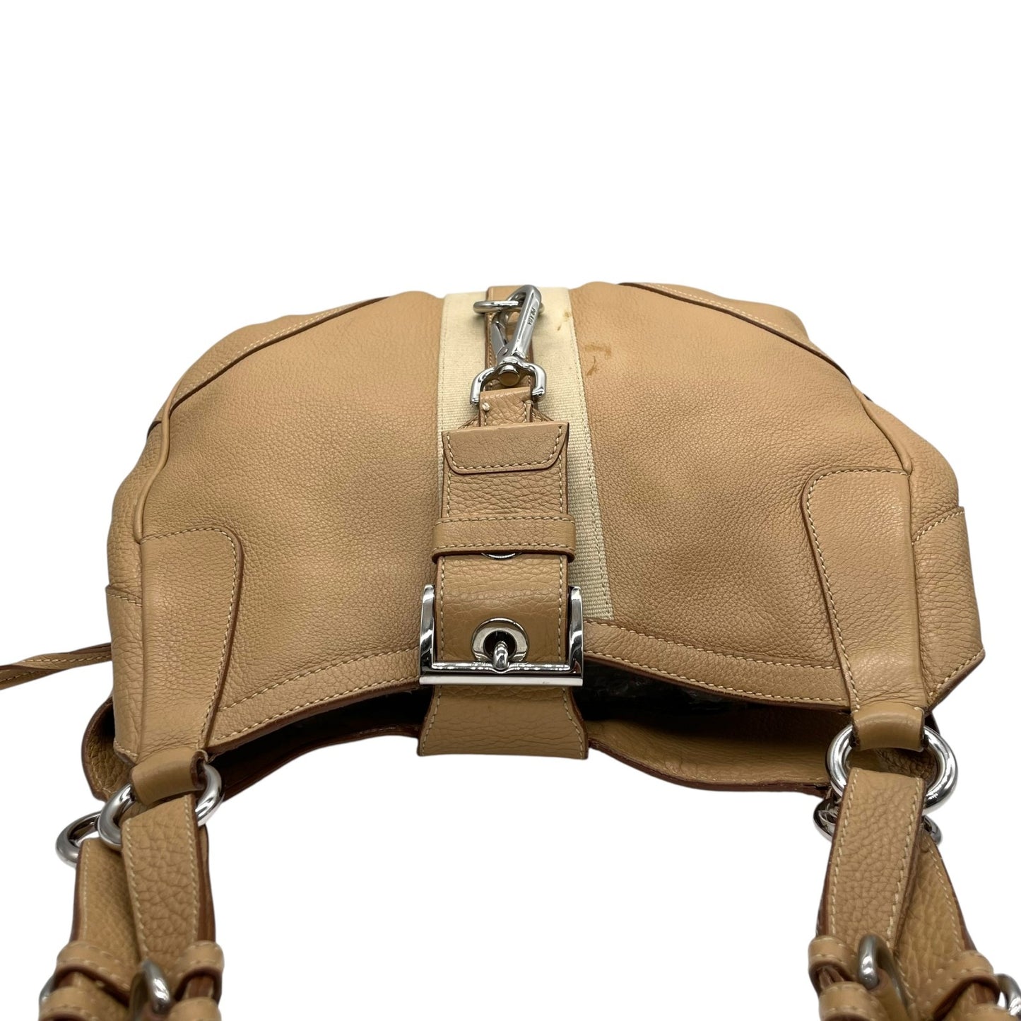 PRADA プラダ ワンショルダーバッグ ライトブラウン ベージュ レザー シボ革 トライアングルロゴ ベルトデザイン シルバー金具 C4