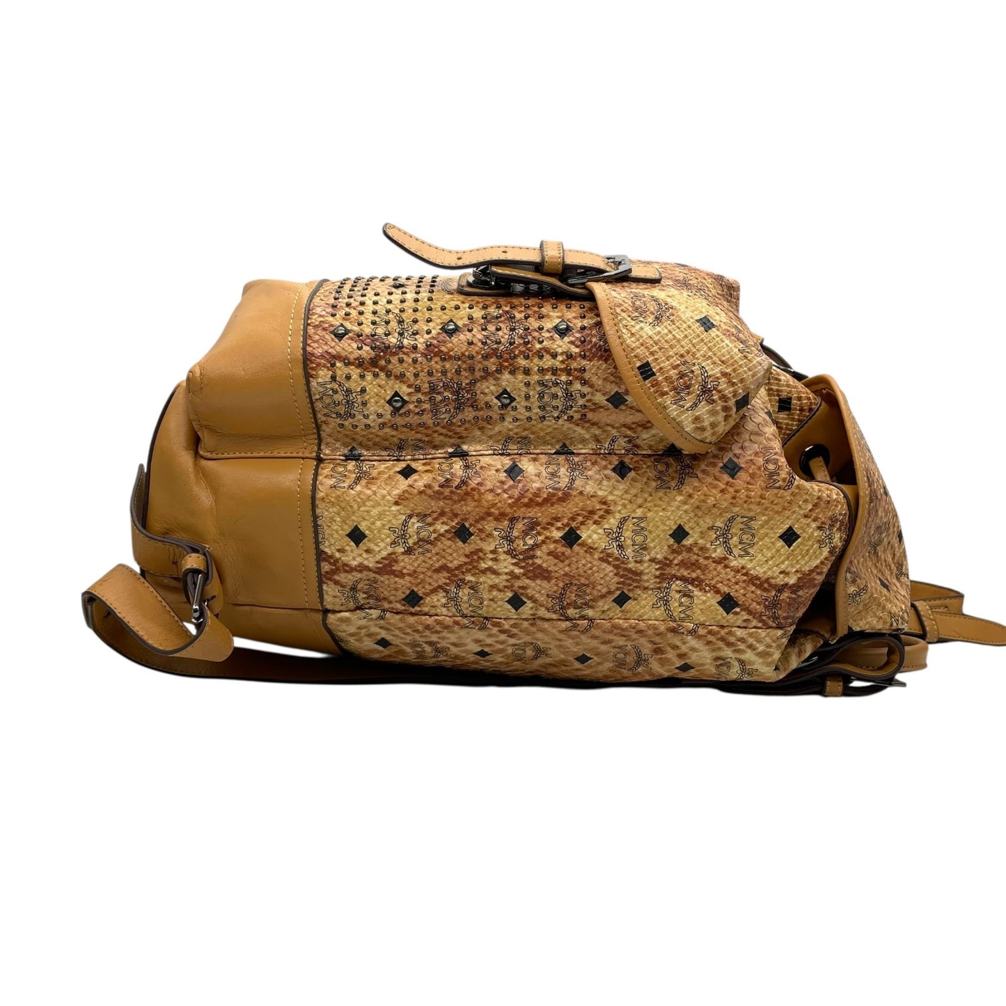 希少 MCM エムシーエム ヴィセトス ロゴグラム リュックサック バックパック 型押し スタッズ ダブルポケット 茶 ブラウン コニャック レザー ブラック金具 レディース R