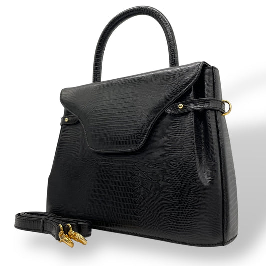 美品 BALLY バリー 2WAY ハンドバッグ ショルダーバッグ 黒 ブラック レザー 型押し ゴールド金具 トップハンドル フラップ開閉 斜め掛け可 レディース C4