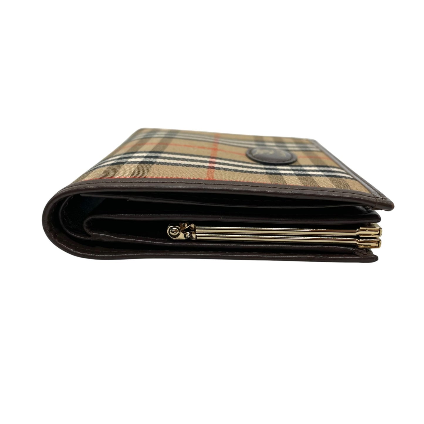 未使用級 Burberry バーバリー ノバチェック シャドーホース 二つ折り財布 がま口 ブラウン ベージュ キャンバス レザー ゴールド金具 ホースロゴ レディース ヴィンテージ M5