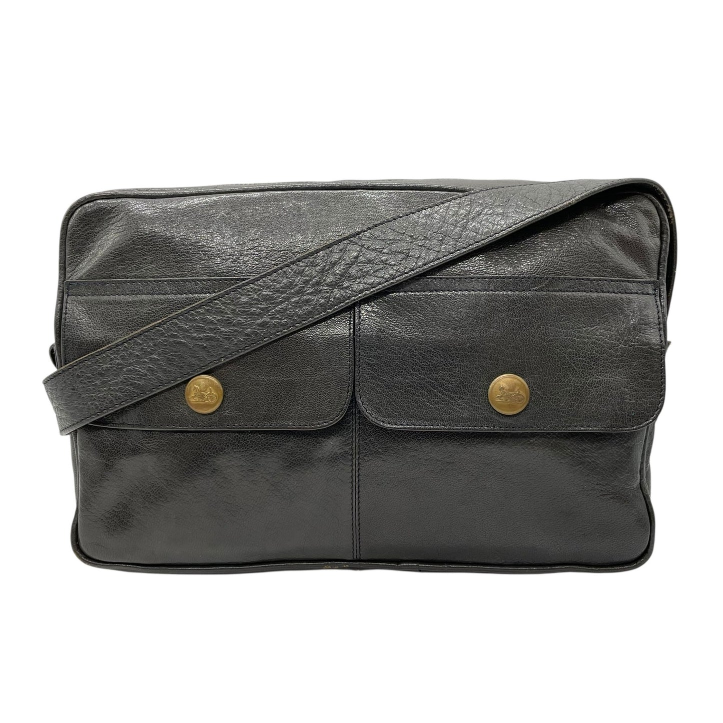 CELINE セリーヌ ダークグレー ショルダーバッグ 裏地総柄 馬車柄 ゴールド金具 ダブルポケット 肩掛け可 ポシェット レザー レディース K5