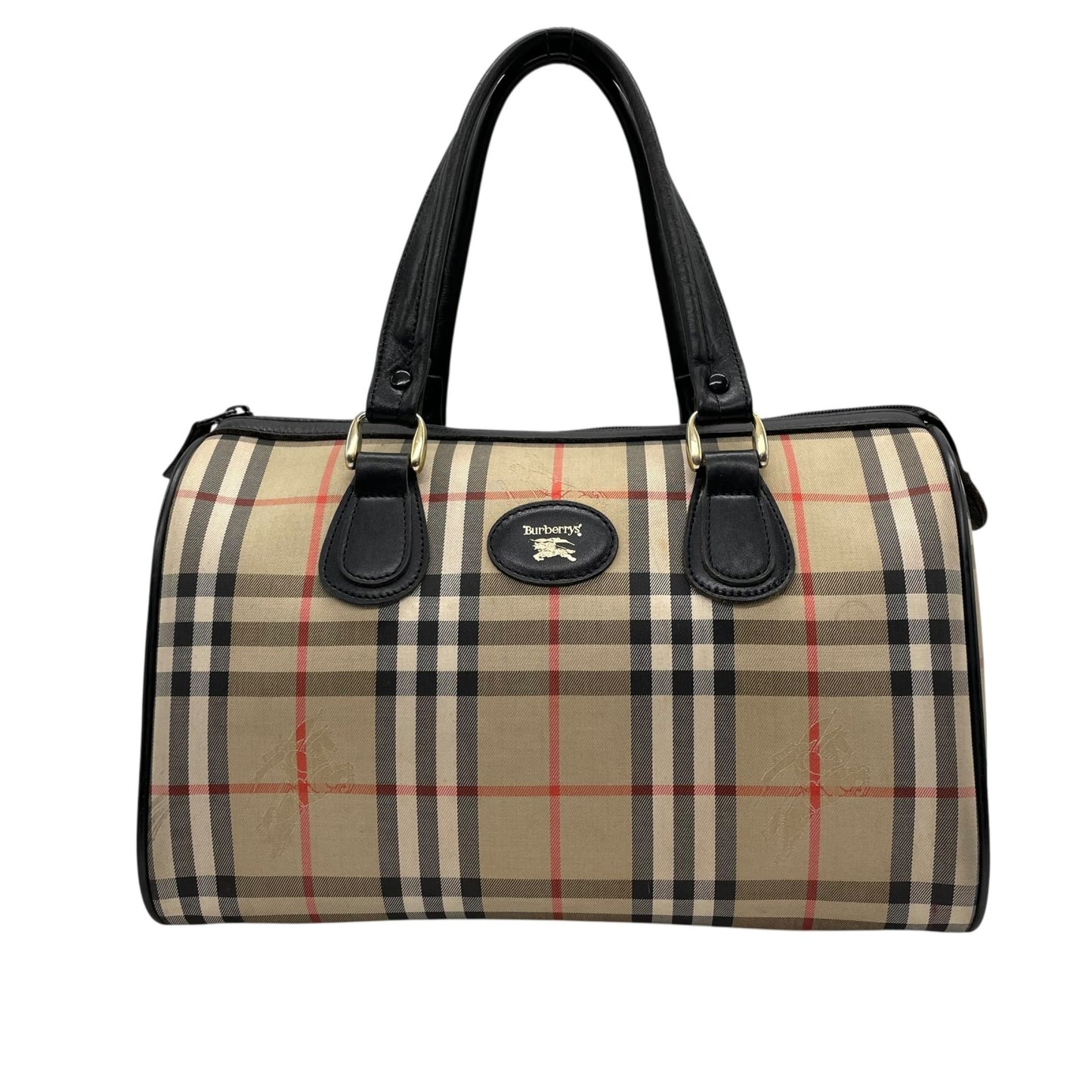 美品 Burberry バーバリー ノバチェック シャドーホース ミニボストン ハンドバッグ ベージュ ブラック キャンバス レザー ゴールド金具 ホースロゴ レディース ヴィンテージ E