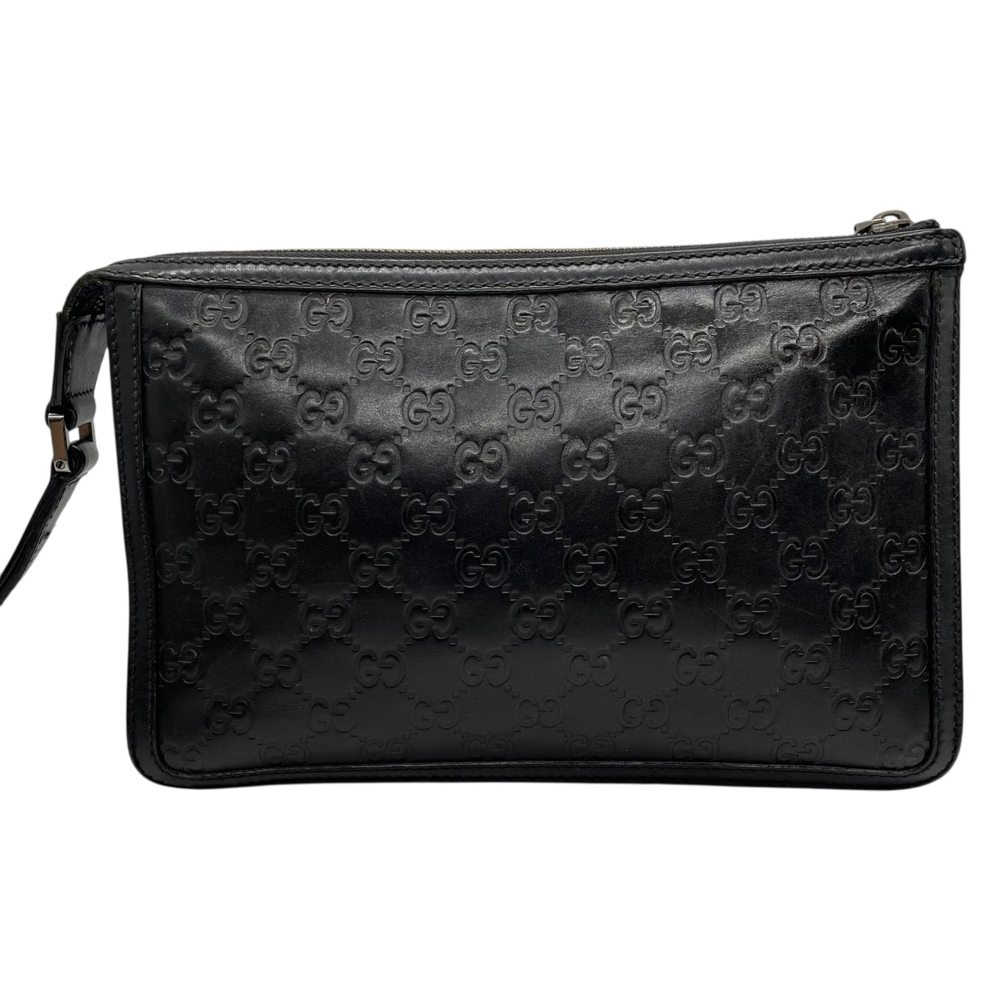 Authentic GUCCI Guccissima GG Clutch Bag Black Leather Silver Hardware With Strap