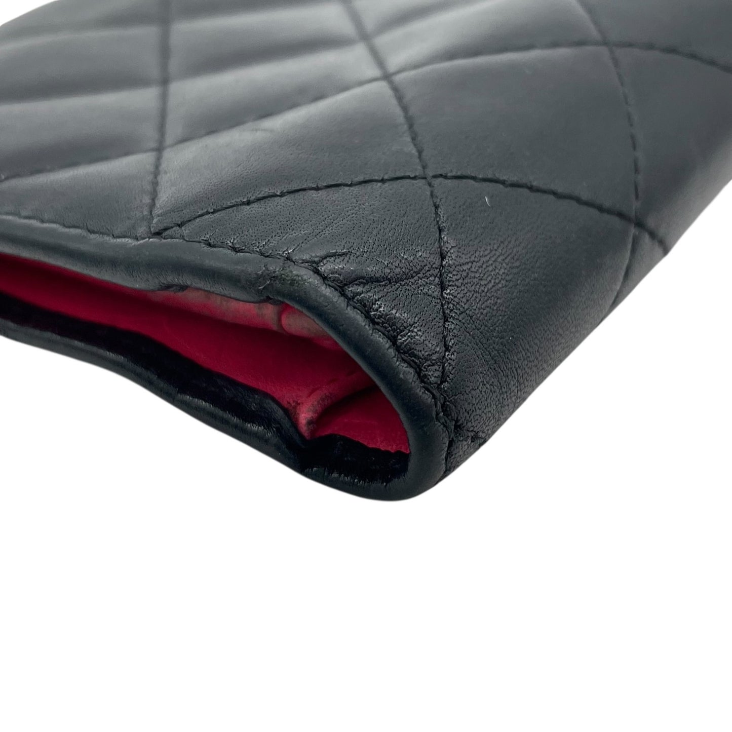 CHANEL シャネル カンボンライン ココマーク 二つ折り 長財布 黒 ブラック ピンク パテントレザー シルバー金具 レディース M5