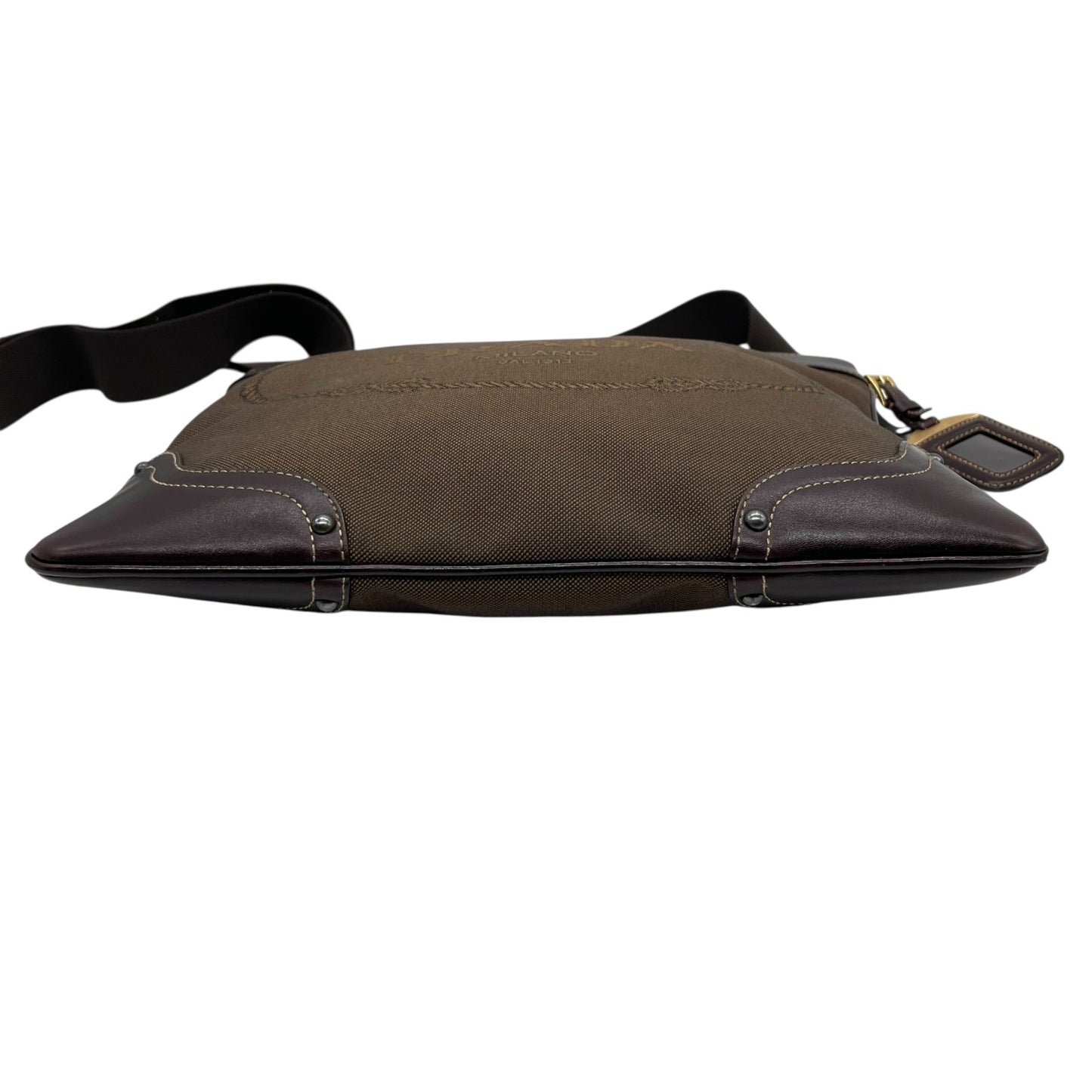 Authentic PRADA Logo Jacquard Large Logo Canvas Leather Shoulder Bag Brown Crossbody Women