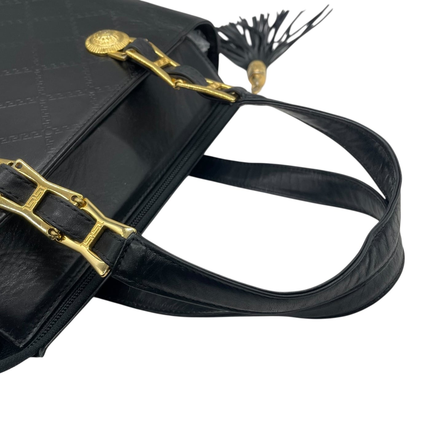 Authentic GIANNI VERSACE Vintage Mini Handbag Tote Black Leather Gold Hardware Fringe Tassel Women