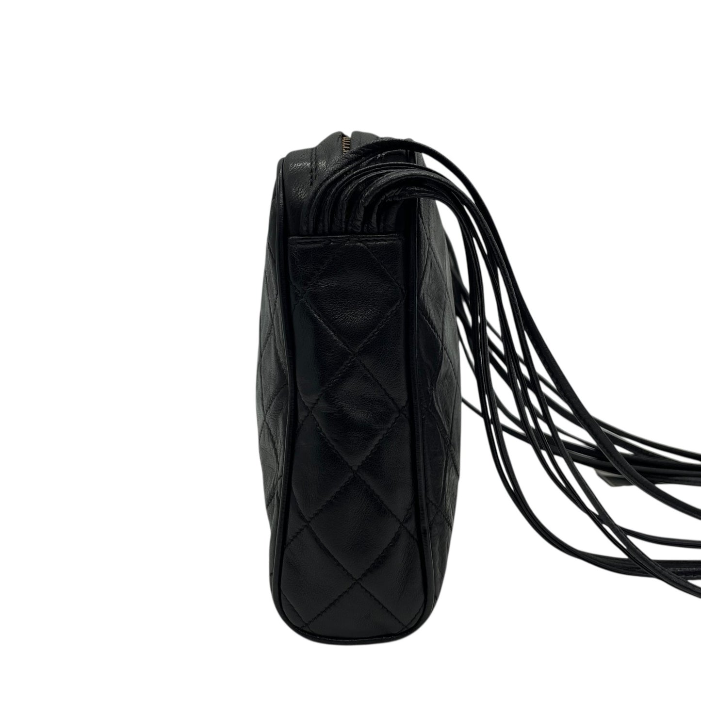 Authentic CHANEL Matelasse Fringe Shoulder Bag Black Leather Vintage Gold Crossbody