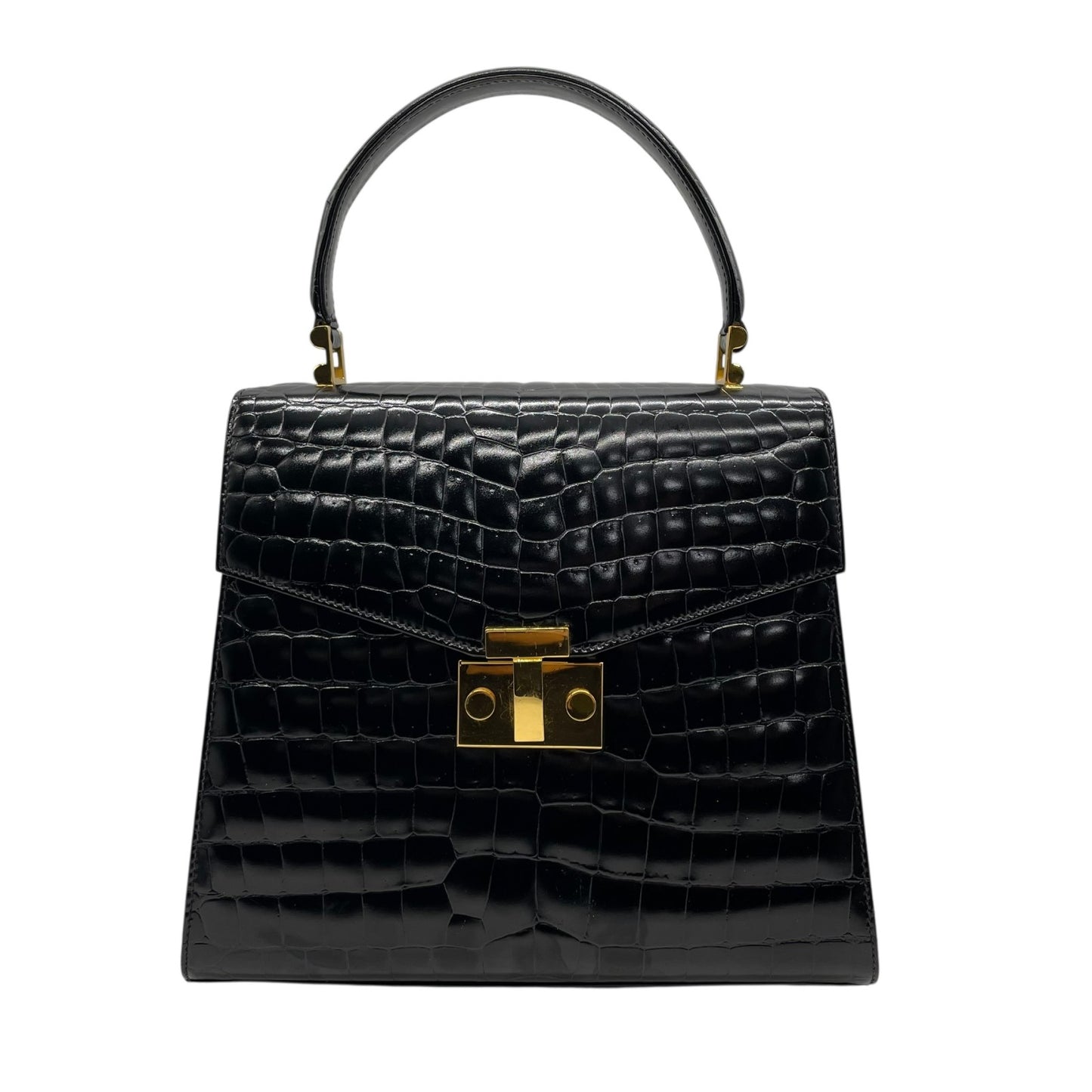 美品 TIFFANY＆Co. ティファニー ハンドバッグ 黒 ブラック レザー クロコ型押し ゴールド金具 手提げ トップハンドル フラップ開閉 レディース B