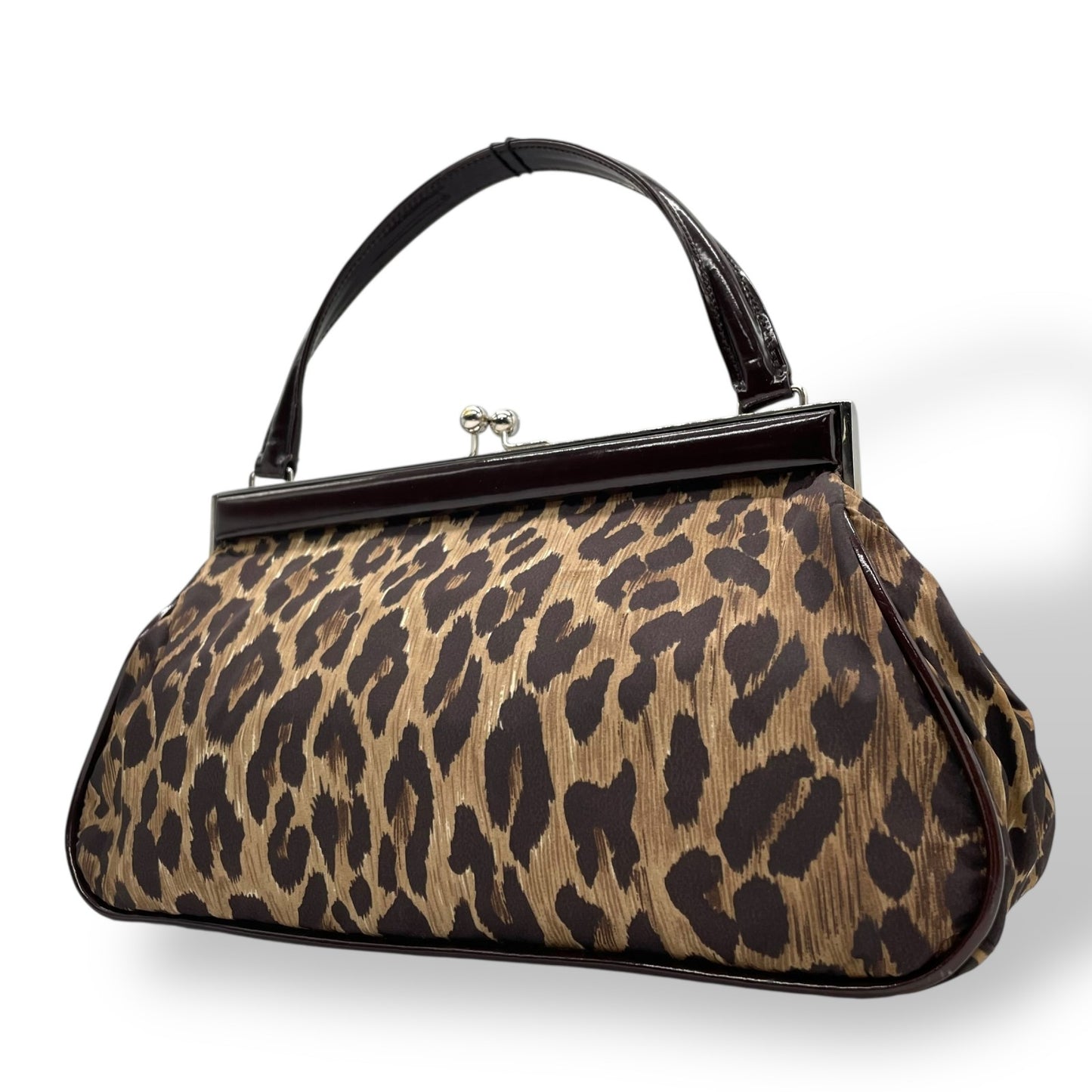 美品 DOLCE&GABBANA ドルチェ＆ガッパーナ ハンドバッグ レオパード ヒョウ柄 茶 ブラウン ナイロン パテントレザー シルバー金具 がま口 レディース C3