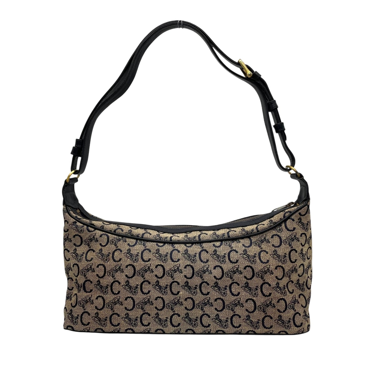 Authentic CELINE CMacadam Triomphe Canvas Leather Shoulder Bag Beige Black