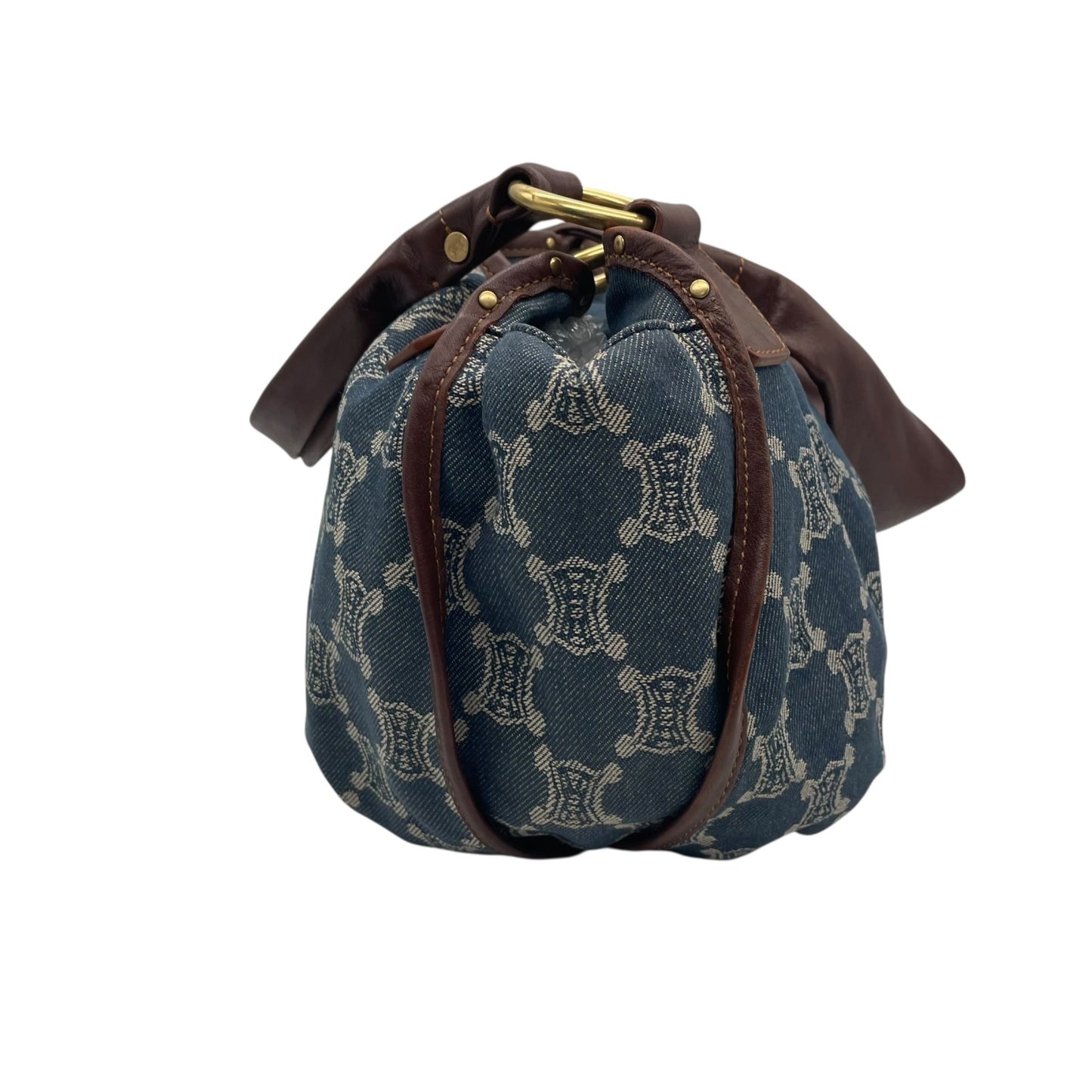 Authentic CELINE Pari Macadam Triomphe Denim Leather Handbag Brown Hardware