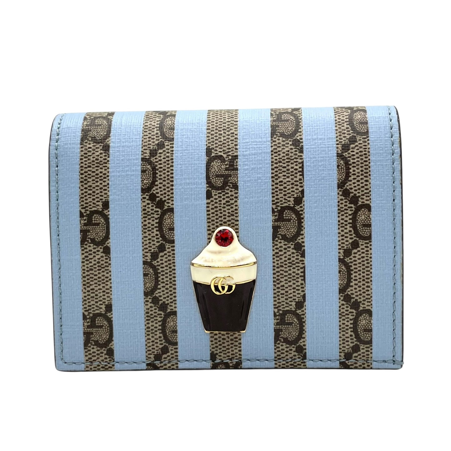 【新品同様】 GUCCI グッチ GGスプリーム アイスクリーム 二つ折り財布 コンパクトウォレット ベージュ×ライトブルー PVC レザー レディース 701489 M2