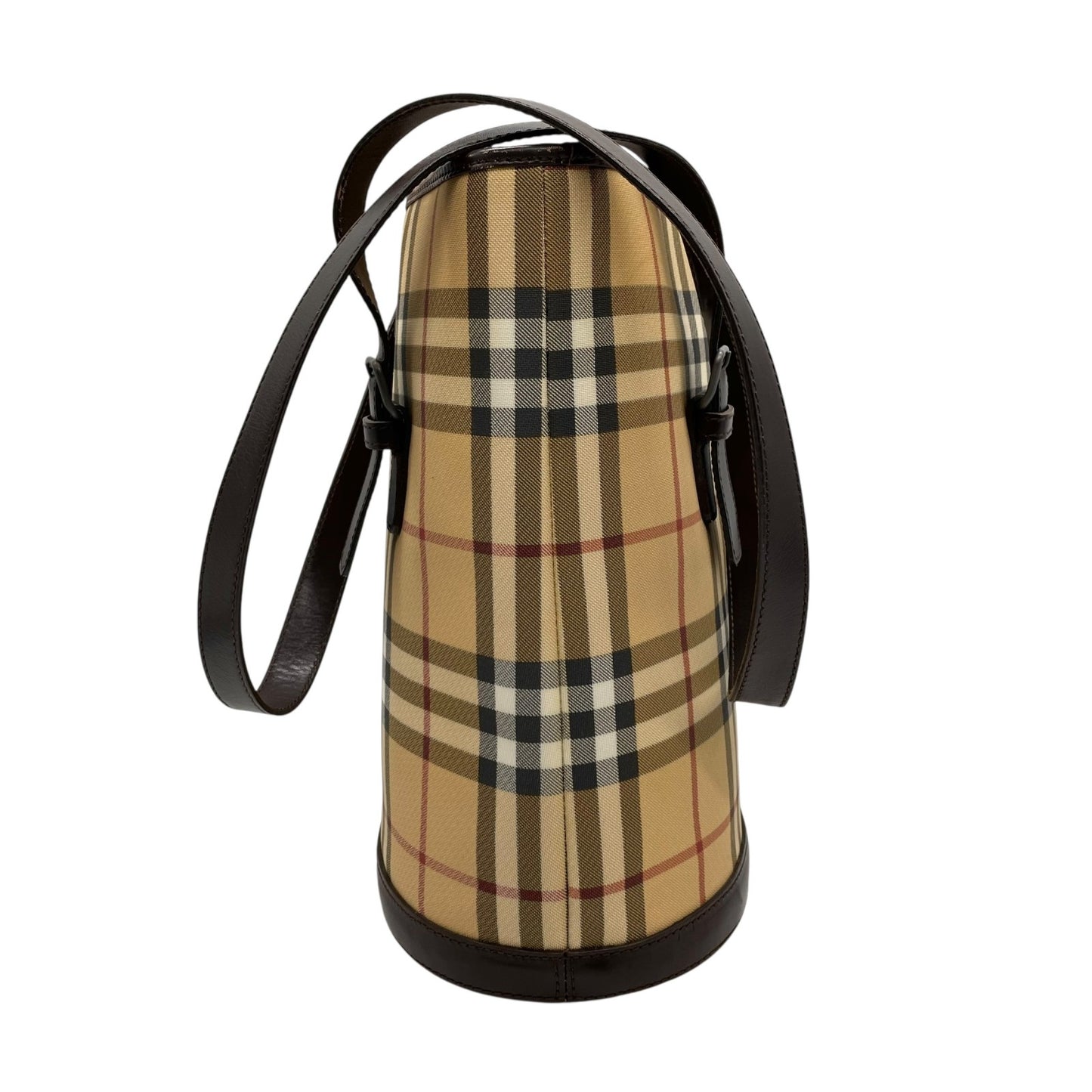 美品 BURBERRY バーバリー ノバチェック バケツ型 ショルダーバッグ トートバッグ PVC レザー ベージュ レッド ダークブラウン メンズ レディース 肩掛け C3