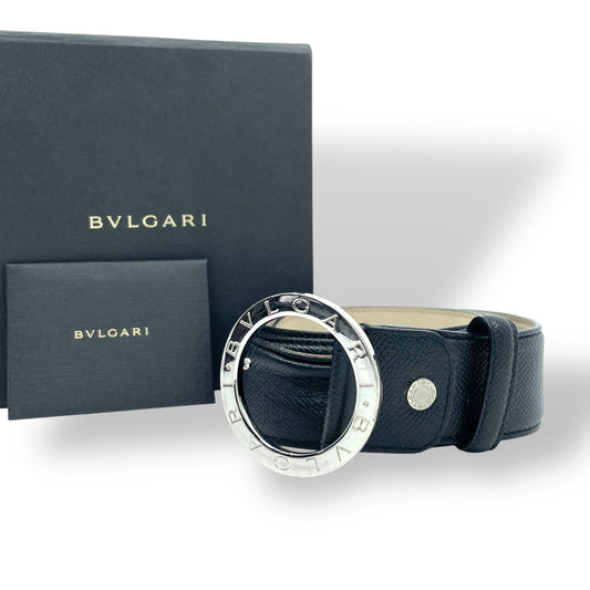 BVLGARI ブルガリ ベルト メンズ 本革 レザー ブラック 黒 サークル ロゴバックル リング シルバー金具 ビーゼロワン 高級 ブランド 紳士 箱付き ギャランティカード M4