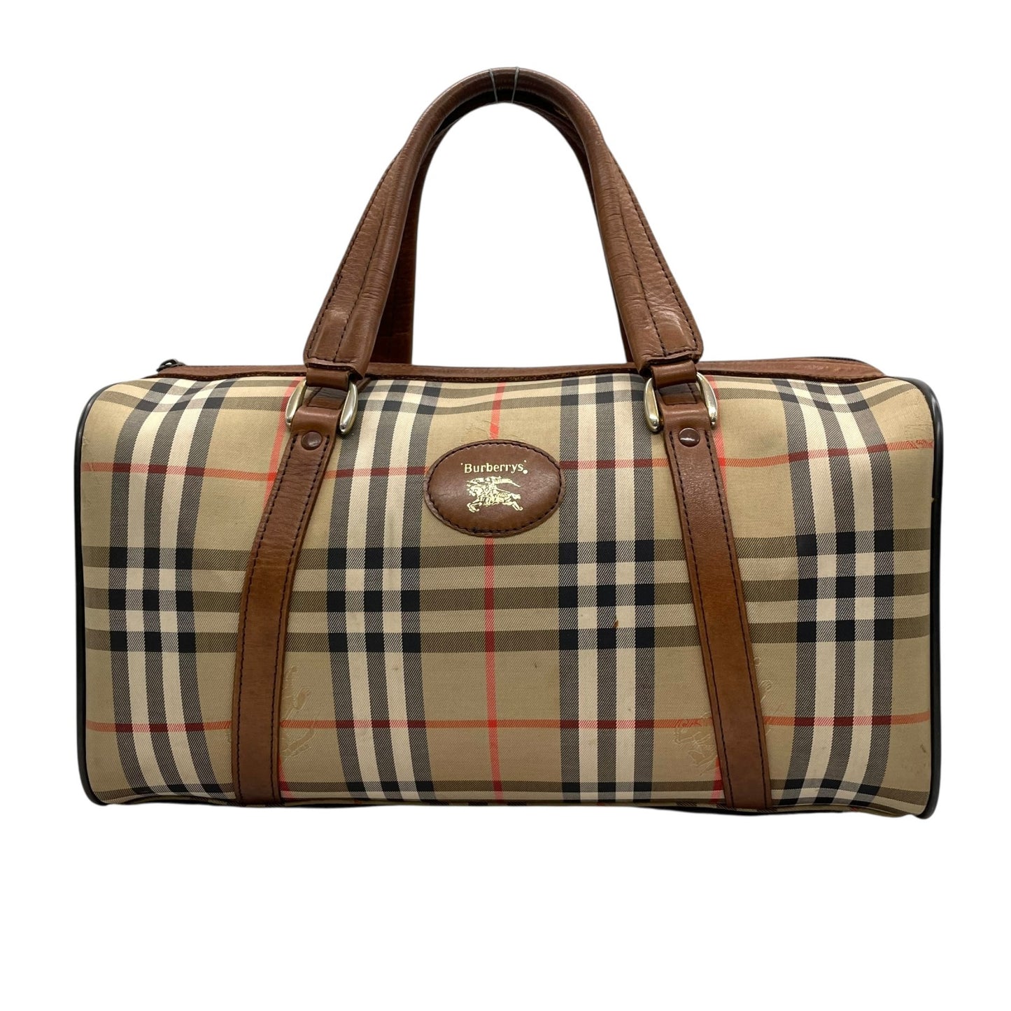 美品 BURBERRY バーバリー ボストンバッグ ノバチェック ホースロゴ シャドーホース ブラウン ベージュ キャンバス レザー ゴールド金具 メンズ レディース C